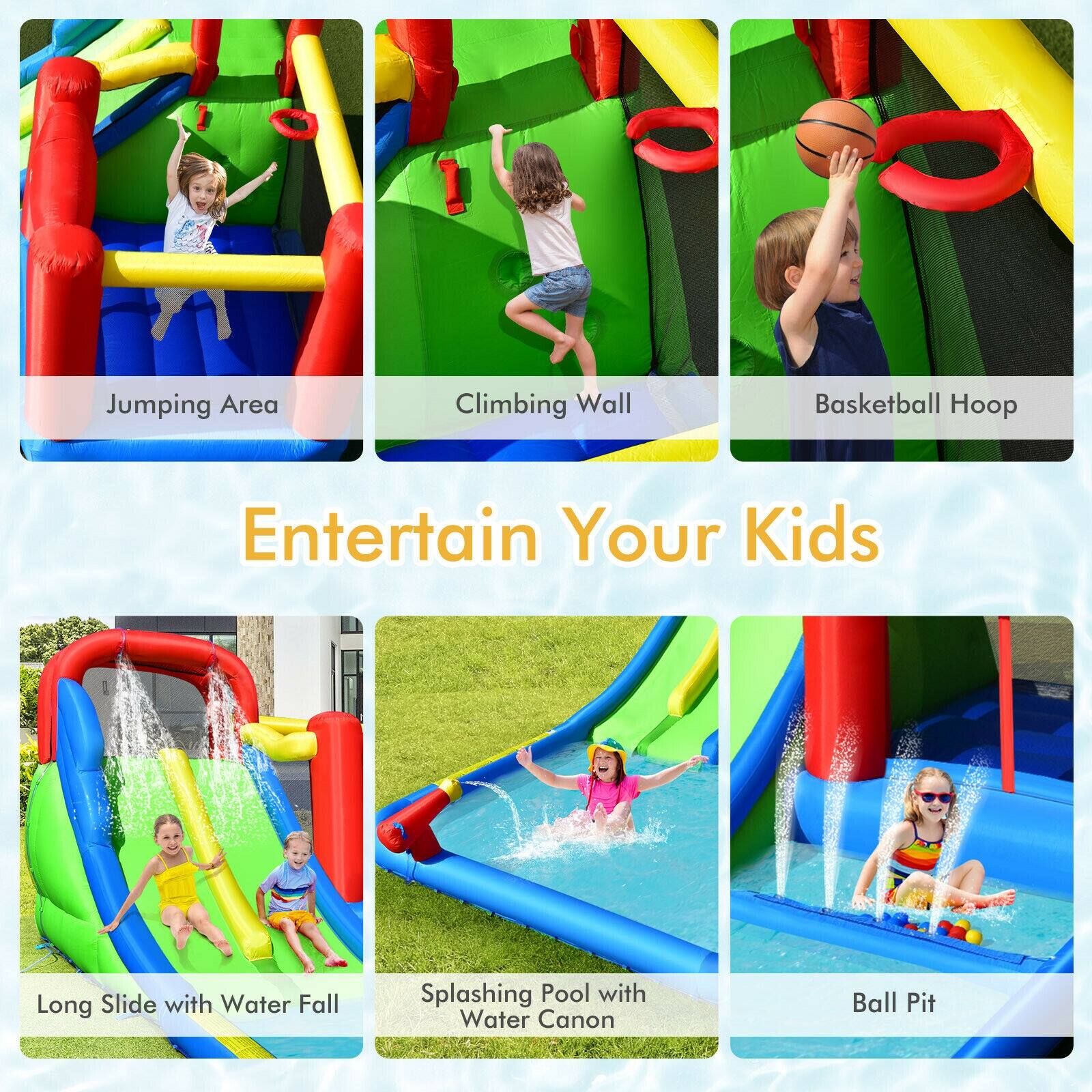 Jumping Area, Climbing Wall, Basketball Hoop, Long Slide with Water Fall, Splashing Pool with Water Canon, Ball Pit