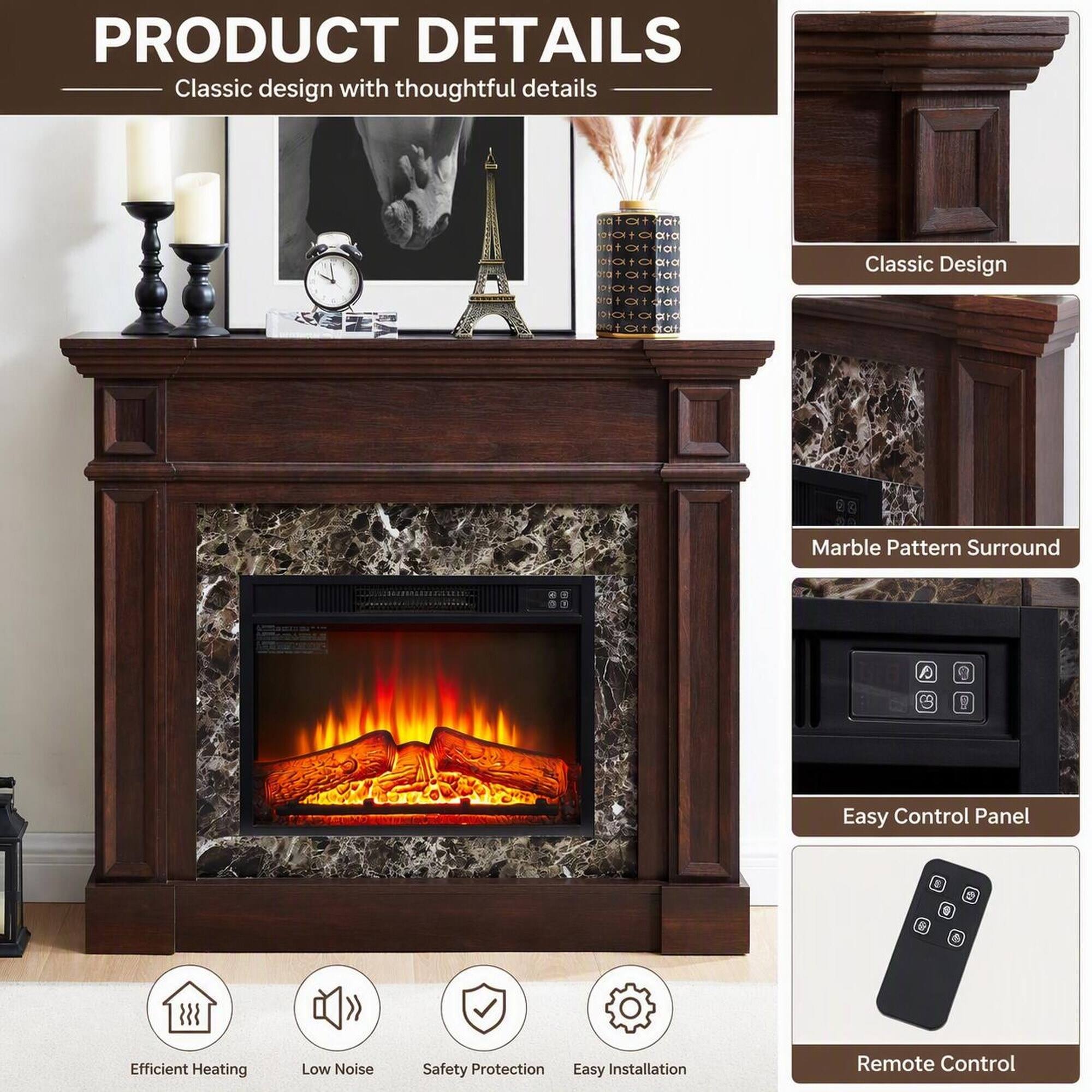 PRODUCT DETAILS  
Classic design with thoughtful details

- Classic Design
- Marble Pattern Surround
- Easy Control Panel
- Efficient Heating
- Low Noise
- Safety Protection
- Easy Installation
- Remote Control