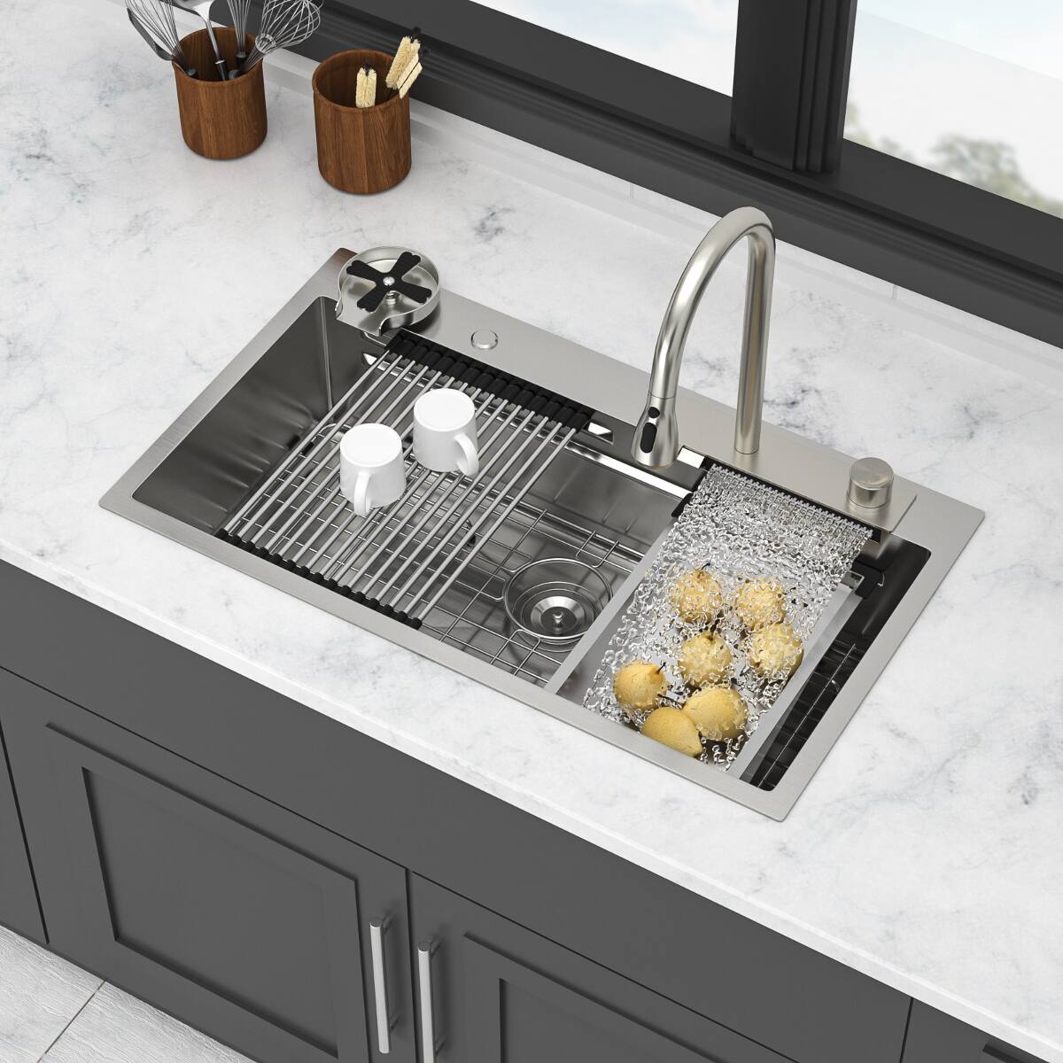 Ropilly 33 inch workstation kitchen sink, top mount single bowl kitchen ...