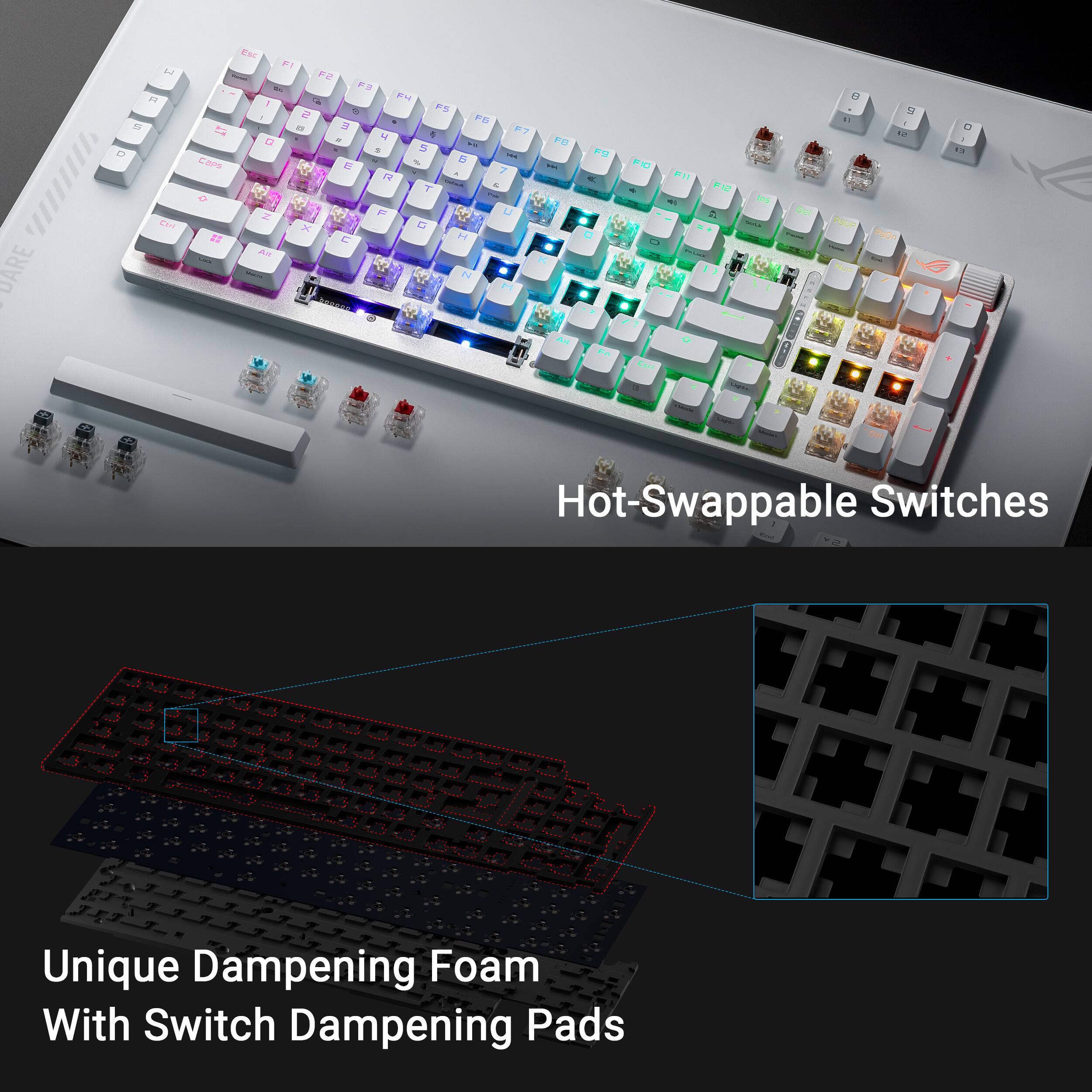 The text on the image is grouped and corrected as follows:

DARE I L F - D Cnt cara  to 1 r2 Fa L n . FS e -  FB a a 7 H 4 . P . N t - D - 7 r T & 2 F E x 1 1 H An N - PD I A ana - E na A a. 41 1S - Fo F . 6oS Det  Tu hou 11  POn - . Hot-Swappable Switches Unique Dampening Foam With Switch Dampening Pads