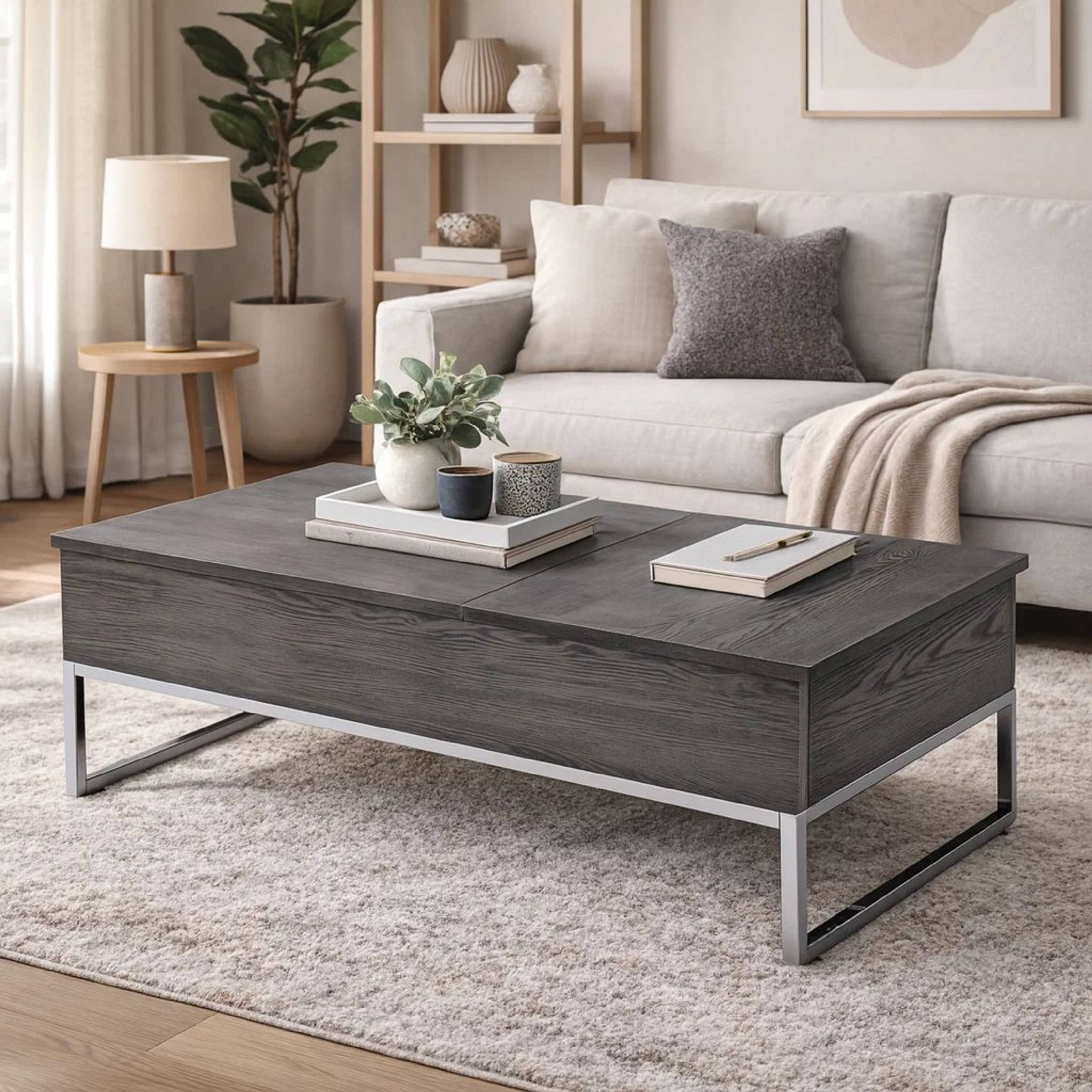 Alt View 5. Manhattan Lane - Wooden Coffee Table with Two Lift Tops and Metal Sled Leg Support - Gray and Silver.