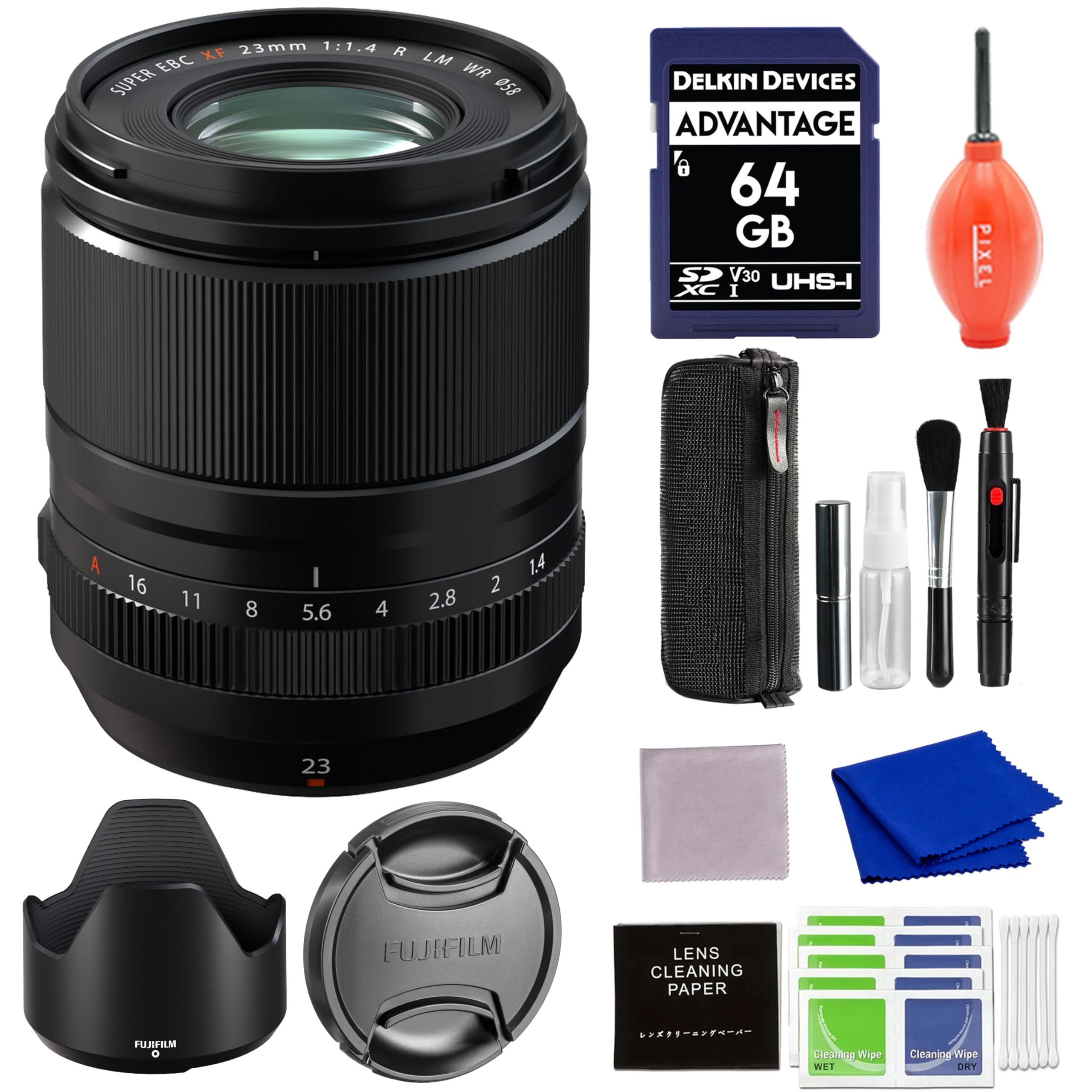 23mm 1:1.4 R XF EBC SUPER LM WR 058  
DELKIN DEVICES ADVANTAGE 64 GB SP V30 UHS-I XC I  
FUJIFILM LENS CLEANING PAPER  
CLEANING WIPES (WET & DRY)