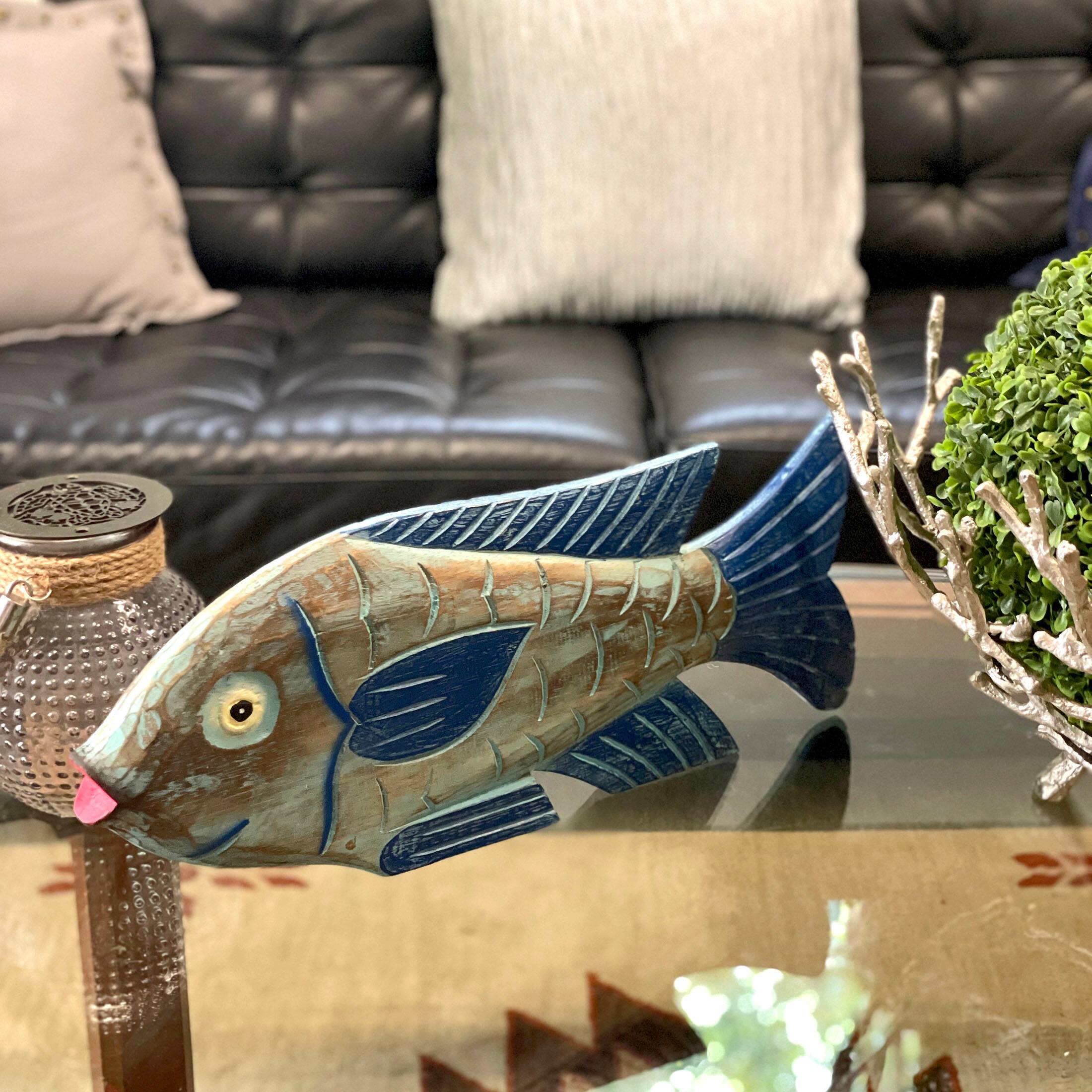 Alt View 7. Things2Die4 - Hand Carved Blue Wooden Fish Statue 19" Nautical Coastal Decor Wood Accent - Blue.
