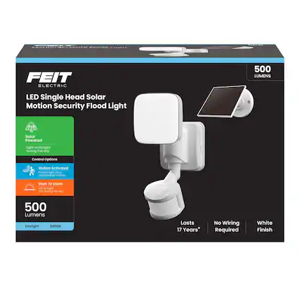 FEIT Electric LED Single Head Solar Motion Security Flood Light
- Solar Powered: Light recharges during the day.
- Control Options:
- Motion Activated: Instant light when activated by motion.
- Dusk To Dawn: ON at night, OFF during the day.
- 500 Lumens
- Daylight 5000K
- Lasts 17 Years*
- No Wiring Required
- White Finish
500 LUMENS