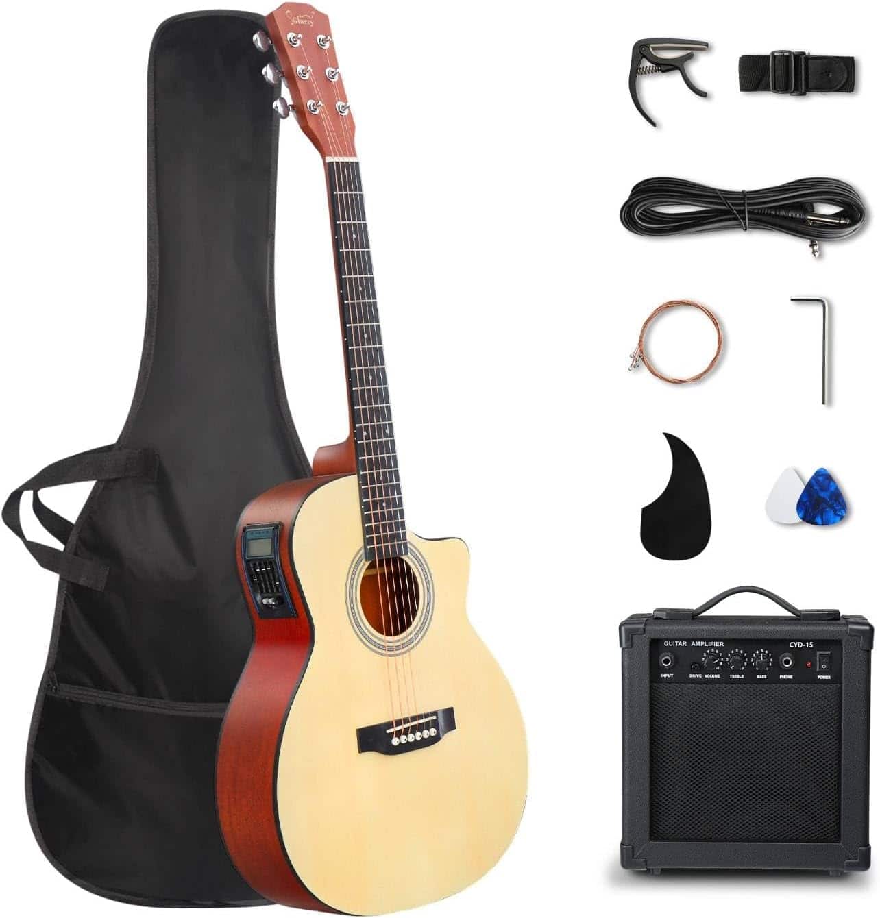 Winado - 36in Acoustic Electric Guitar Beginner Kit with 15W Amp, 5-band EQ Cutway Design 6 Strings Electric Acoustic Guitar