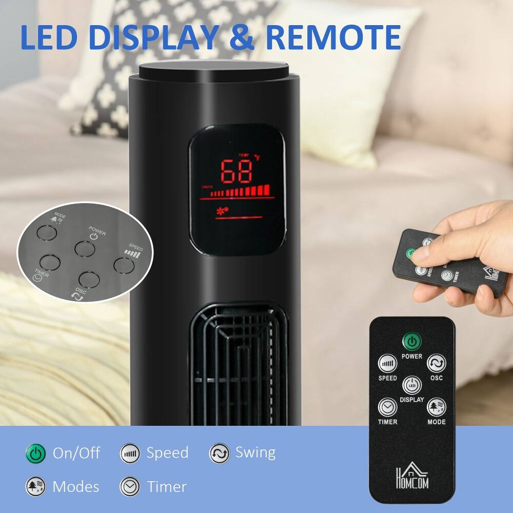 LED DISPLAY & REMOTE

- TIMER
- POWER
- OSC
- SPEED
- TOER
- POWER
- SPEED
- LEO
- OSC
- DISPLAY
- TIMER
- MODE

On/Off
Modes
Speed
Timer
Swing

HOMCOM