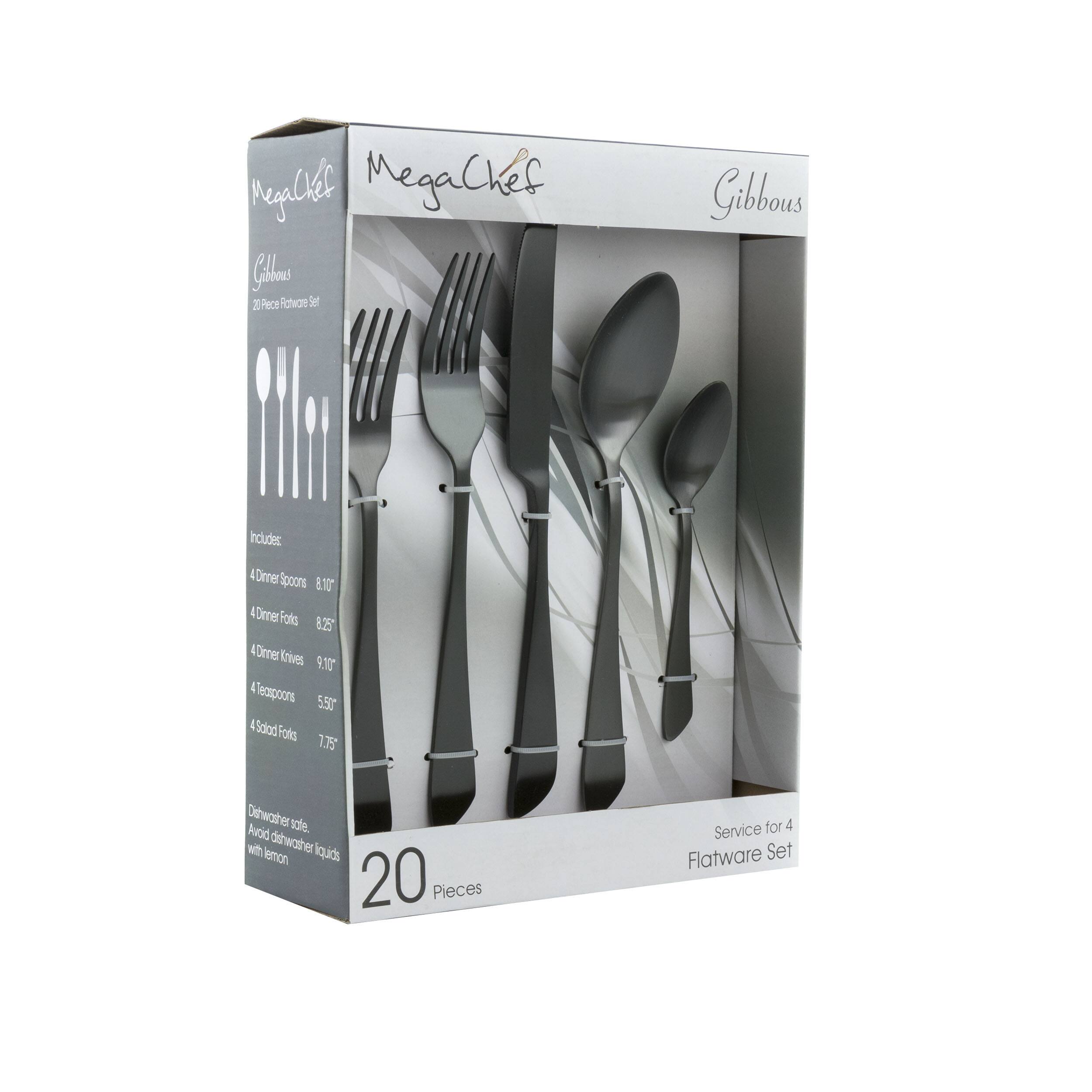 MegaChef Gibbous 20 Pieces Set Includes:

4 Dinner Spoons 8.10
4 Dinner Forks 8.25
4 Dinner Knives 9.00
4 Teaspoons 5.50
4 Salad Forks 7.75

Dishwasher safe. Avoid dishwasher liquids with lemon.

Service for 4 Flatware Set