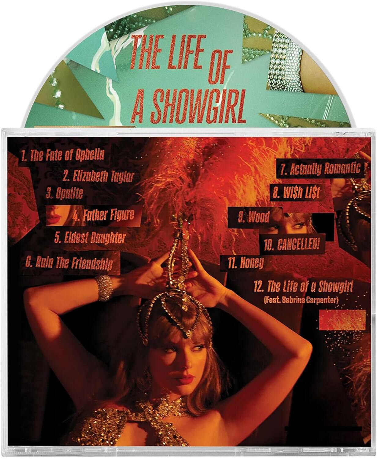 Sure, here is the corrected and grouped text:

**The Life of a Showgirl**

1. The Fate of Ophelia  
2. Elizabeth Taylor  
3. Opalite  
4. Father Figure  
5. Eldest Daughter  
6. Ruin The Friendship  
7. Actually Romantic  
8. Wish List  
9. Wood  
10. CANCELLED!  
11. Honey  
12. The Life of a Showgirl (Feat. Sabrina Carpenter)