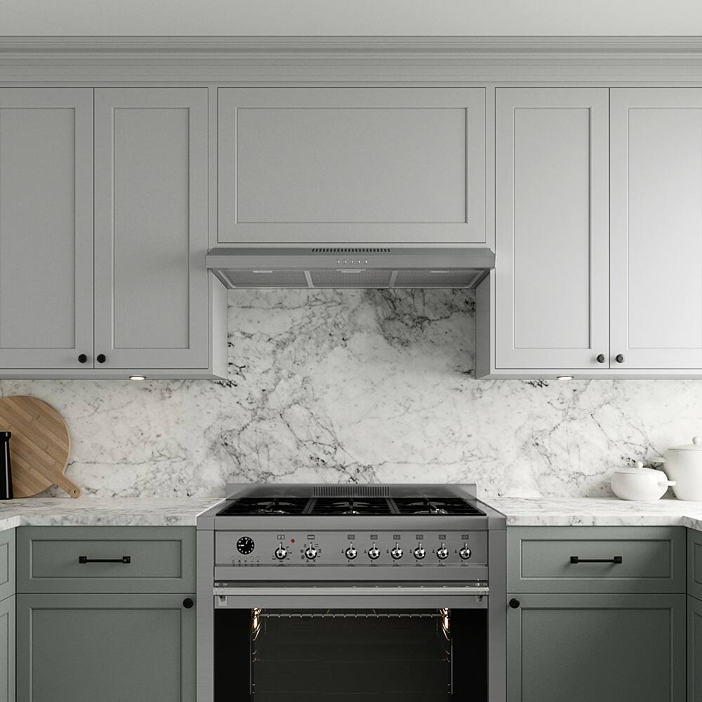 Left. Streamline - 36 in. Grosetto Convertible Undermount 80 CFM Range Hood, Mesh Filters, Push Button Control, LED Light - Brushed Stainless Steel.