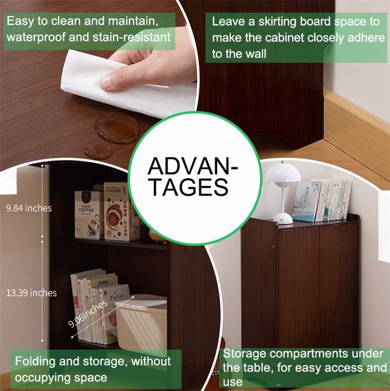 Easy to clean and maintain, waterproof and stain-resistant

Leave a skirting board space to make the cabinet closely adhere to the wall

9.84 inches

13.39 inches

9.06 inches

Folding and storage, without occupying space

Storage compartments under the table, for easy access and use