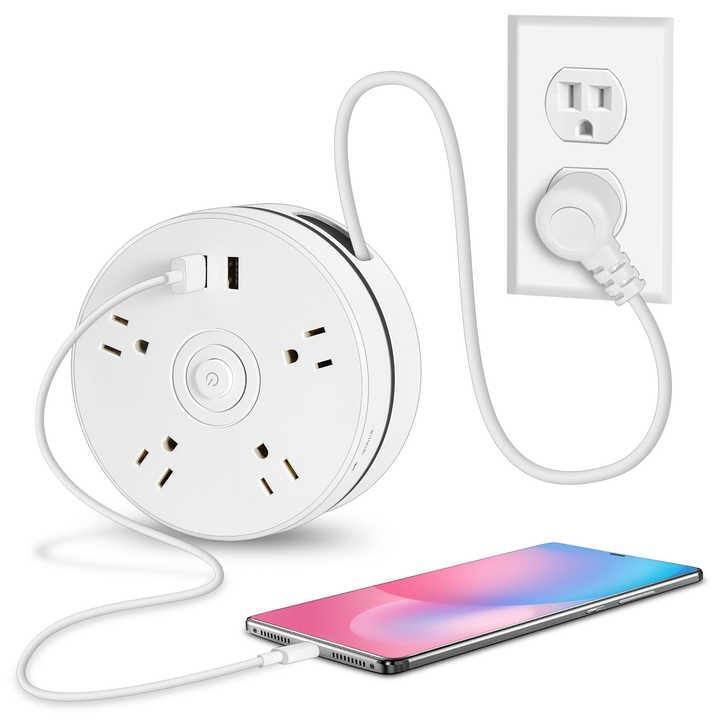 Alt View 2. Cluzine - Round Portable Power Strip with Extension Cord, 2 USB Charging Ports, Travel-Friendly Power Outlet Adapter - White.
