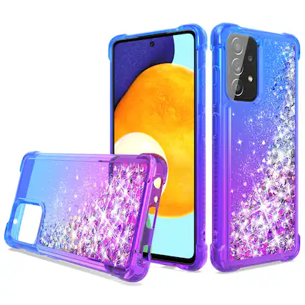 Front. Reiko - Shiny Flowing Glitter Liquid Bumper Case For Galaxy A52 5G In Blue - Blue.