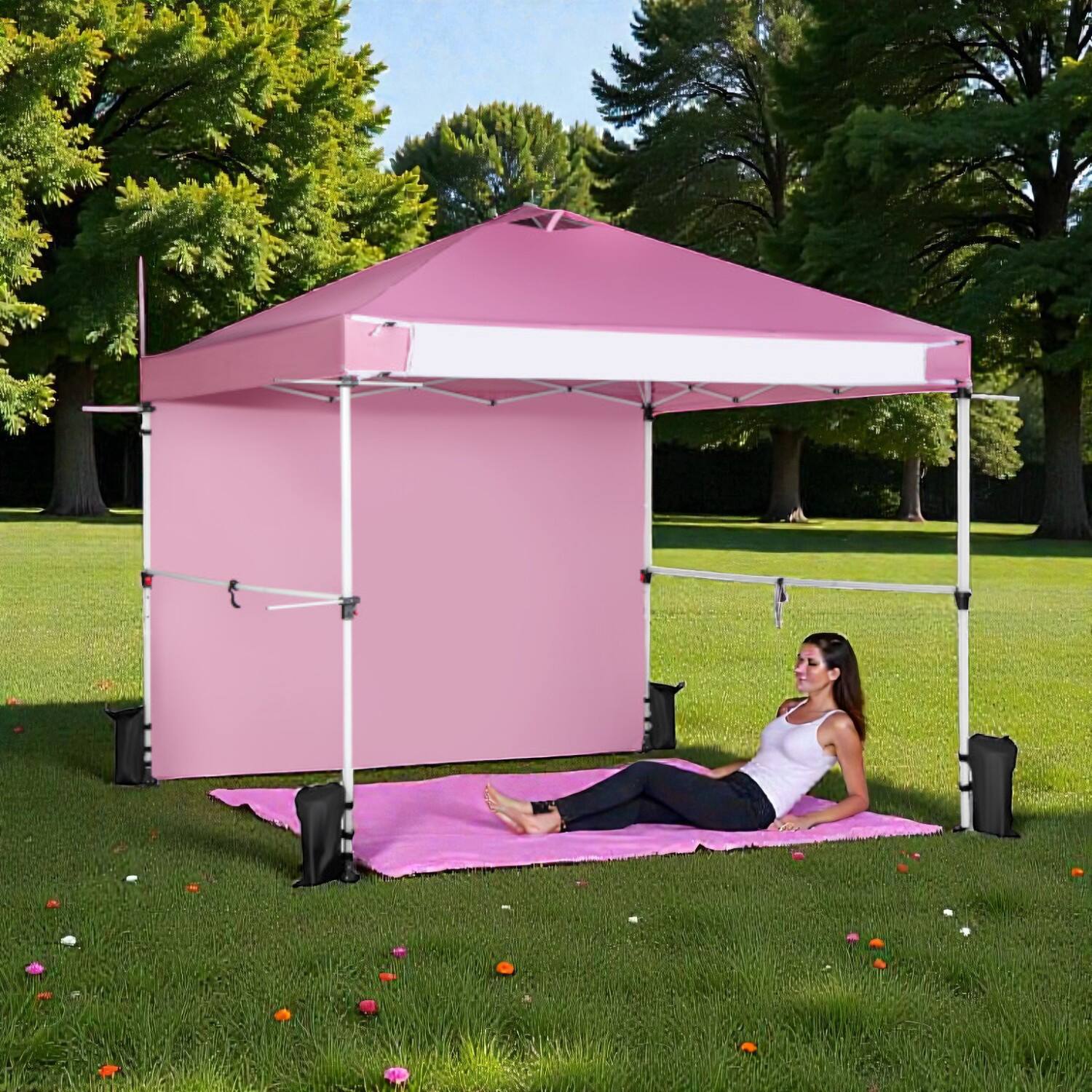 Front. Hivvago - 10x10 Ft Foldable Market Canopy with Roller Case and Banner Attachment - Pink.