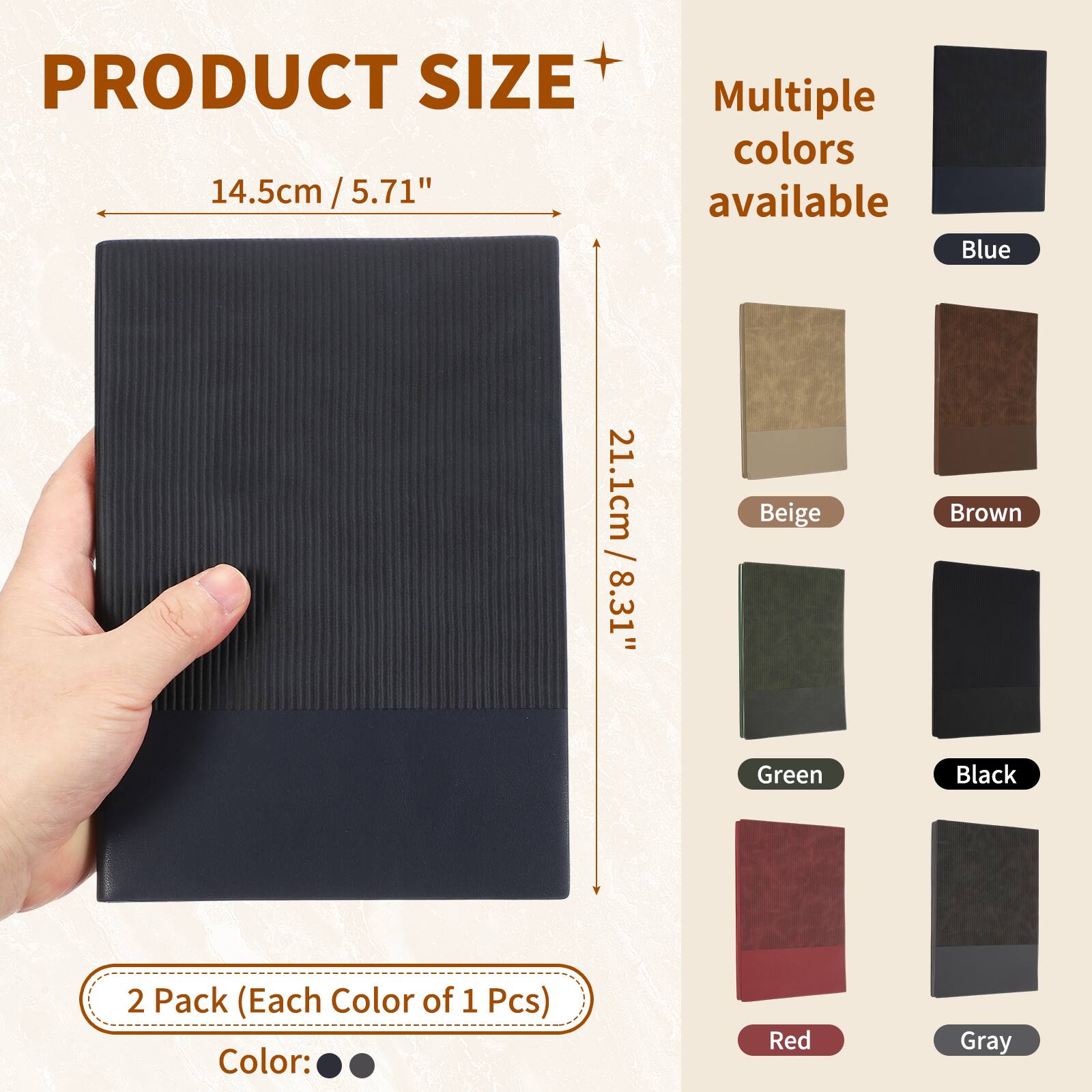 PRODUCT SIZE 14.5cm / 5.71" x 21.1cm / 8.31"  
Multiple colors available: Blue, Beige, Brown, Green, Black, Red, Gray  
2 Pack (Each Color of 1 Pcs)  
Color: