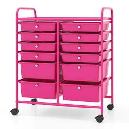 Gymax - 12-Drawer Rolling Storage Cart w/ 2 Sizes Plastic Drawers - Hot Pink