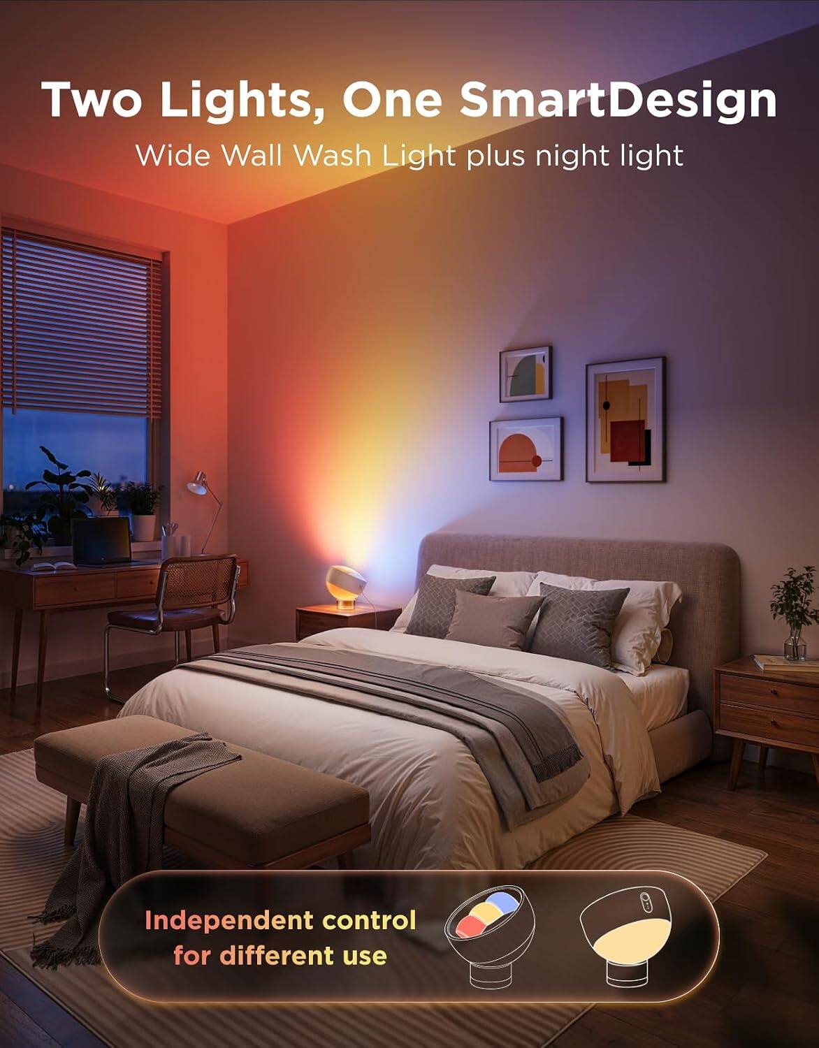 Two Lights, One SmartDesign  
Wide Wall Wash Light plus night light  

Independent control for different use