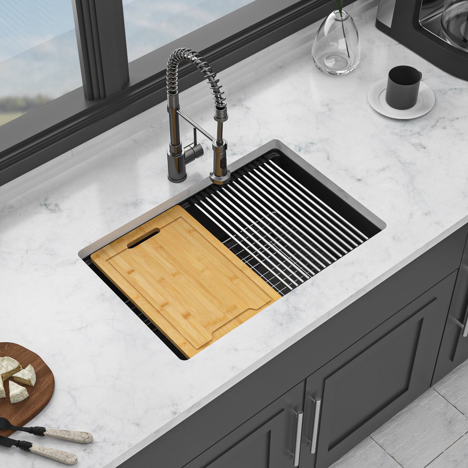 Angle. Siljoy - Quartz Kitchen Sink - 28" x 19" x 9.65" Black granite composite Workstation undermount kitchen sink - Black.