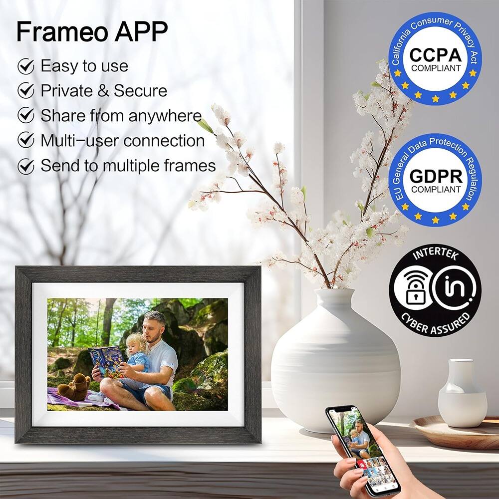 Frameo APP

- Easy to use
- Private & Secure
- Share from anywhere
- Multi-user connection
- Send to multiple frames

California Consumer Privacy Act COMPLIANT

EU General Data Protection Regulation COMPLIANT

INTERTEK in CYBER ASSURED