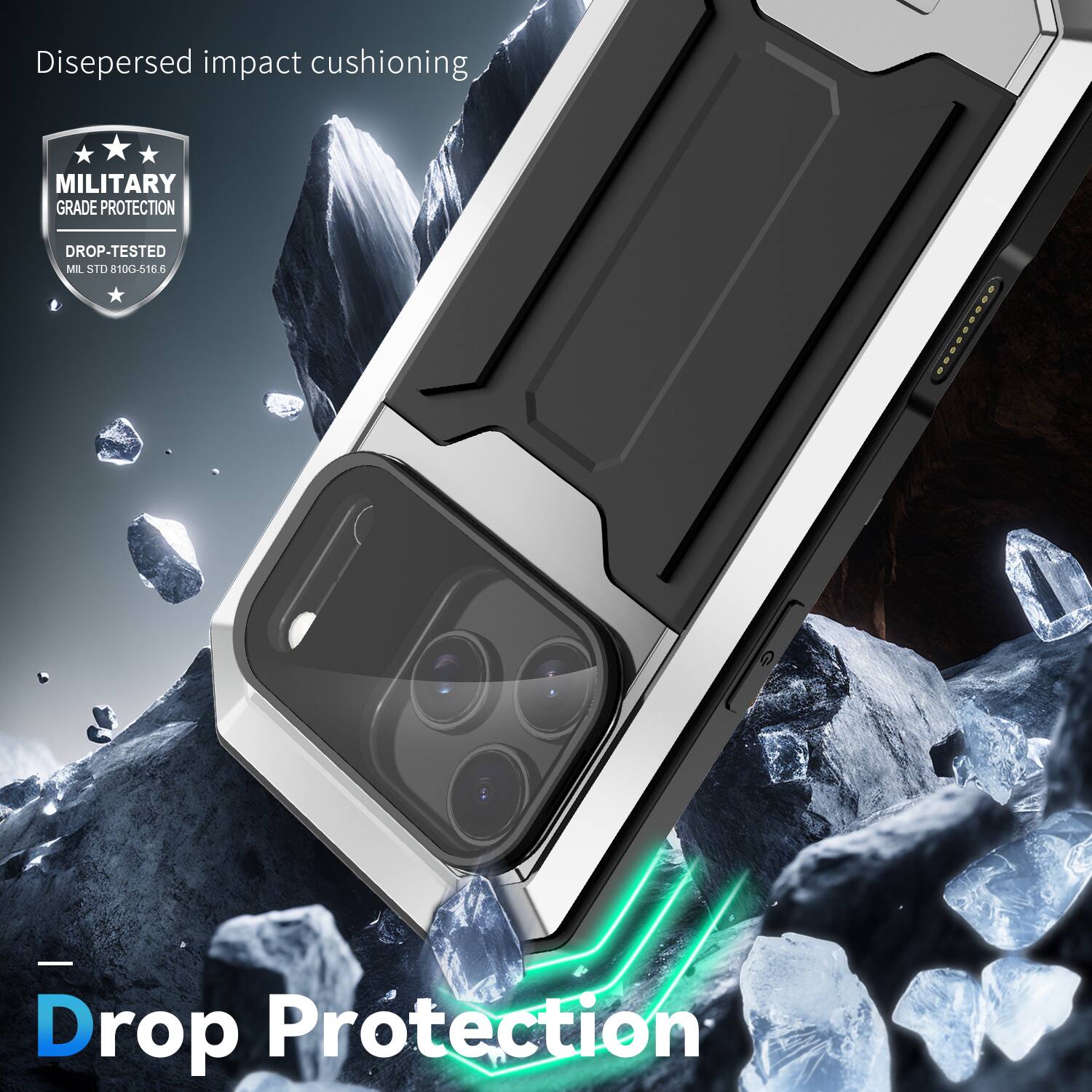 Dispersed impact cushioning  
MILITARY GRADE PROTECTION  
DROP-TESTED  
MIL STD 810G-516.6  

Drop Protection