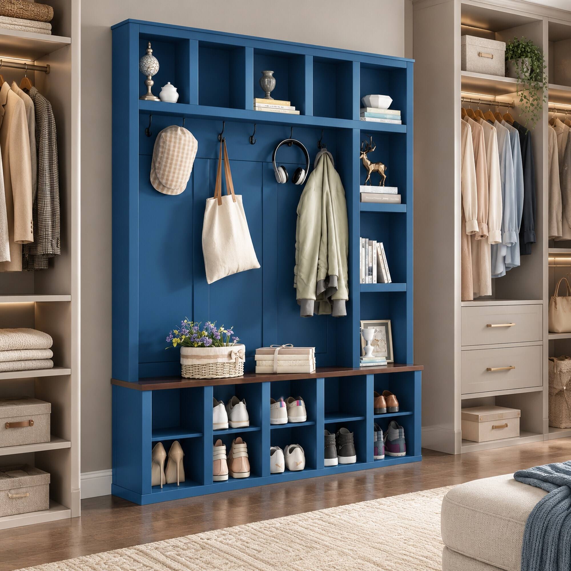 Angle. RYHNUYNE - Farmhouse Hall Tree, 4-in-1 Entryway Shoe Bench, 6 Metal Hooks, 13 Cubbies, Blue and Walnut - Blue.