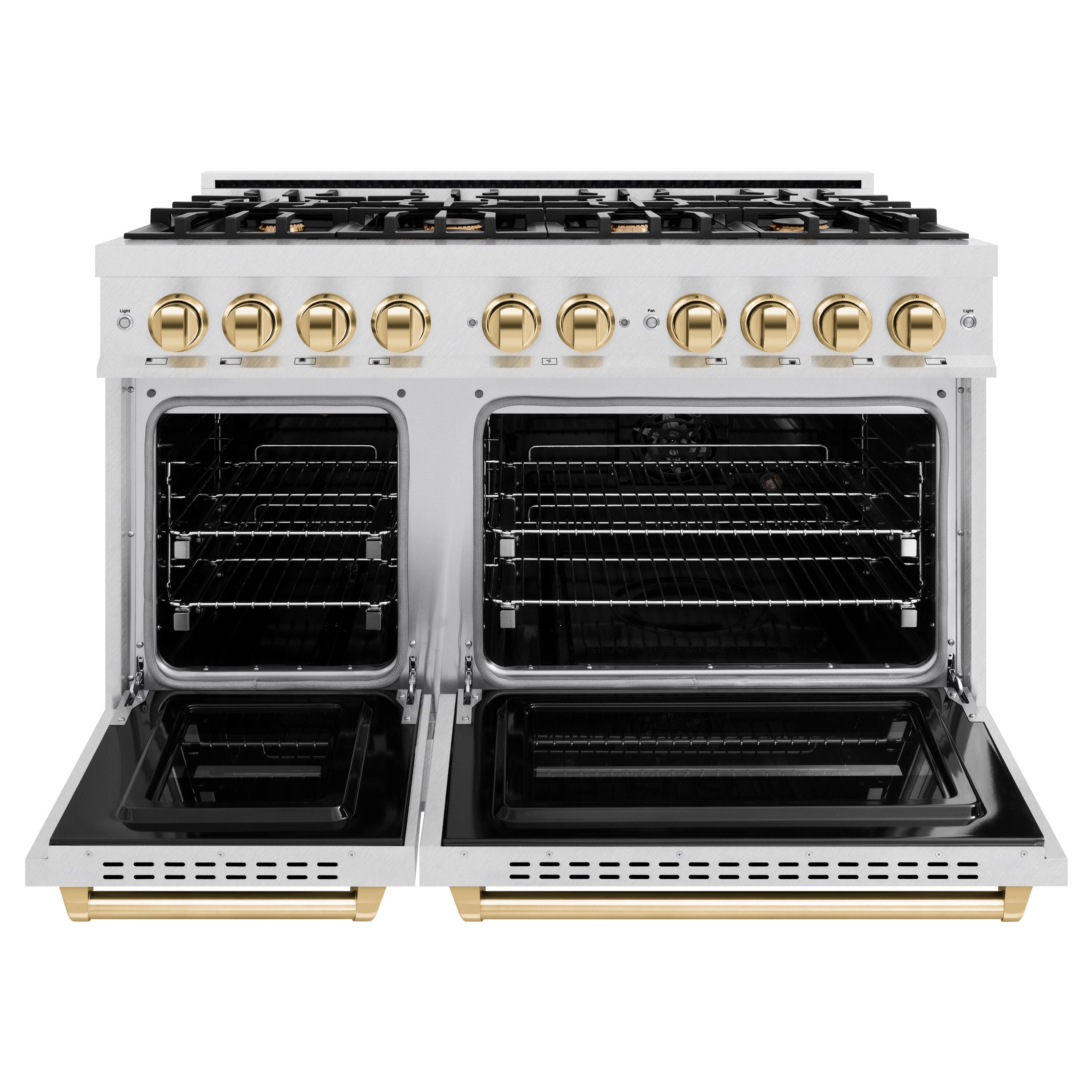 Angle. ZLINE - ZLINE Autograph 48 in. Classic Dual Fuel Satin Steel Range w/ 8 Burners & Gold Accents (CDRSZ-48-G) - Stainless Steel.