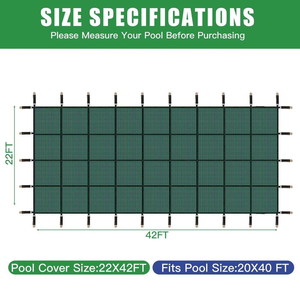 SIZE SPECIFICATIONS  
Please Measure Your Pool Before Purchasing

22FT  
42FT

Pool Cover Size: 22X42FT  
Fits Pool Size: 20X40 FT