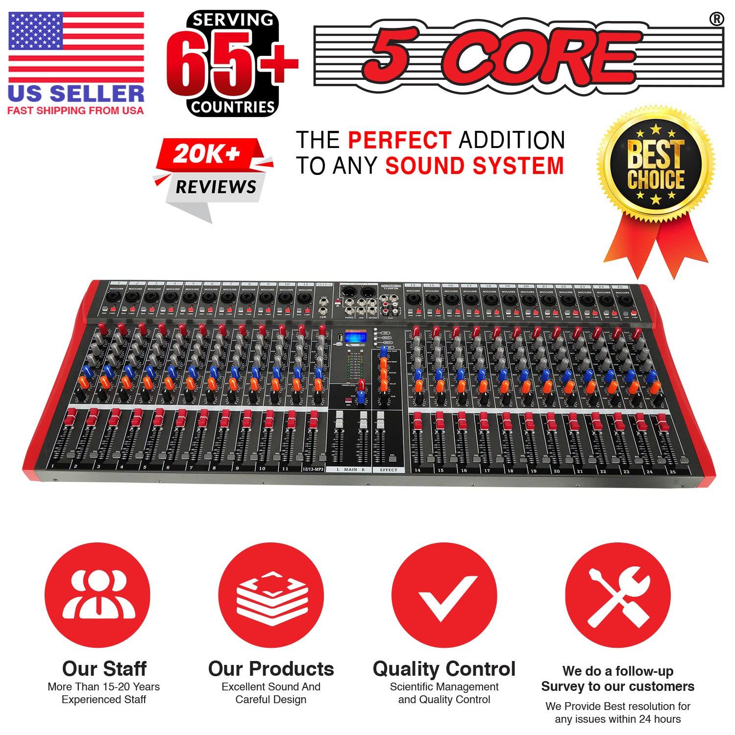 **US SELLER**  
FAST SHIPPING FROM USA

**SERVING 65+ COUNTRIES**

**5 CORE**  
THE PERFECT ADDITION TO ANY SOUND SYSTEM

**20K+ REVIEWS**

**BEST CHOICE**

---

**Our Staff**  
More Than 15-20 Years Experienced Staff

**Our Products**  
Excellent Sound And Careful Design

**Quality Control**  
Scientific Management and Quality Control

**We do a follow-up Survey to our customers**  
We Provide Best resolution for any issues within 24 hours