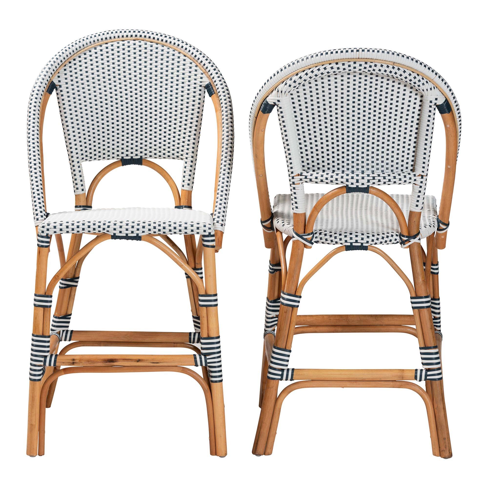 Angle. bali & pari - Genica Classic French Weaving and Natural Rattan 2-Piece Counter Stool Set - Navy Blue/White/Natural Rattan.