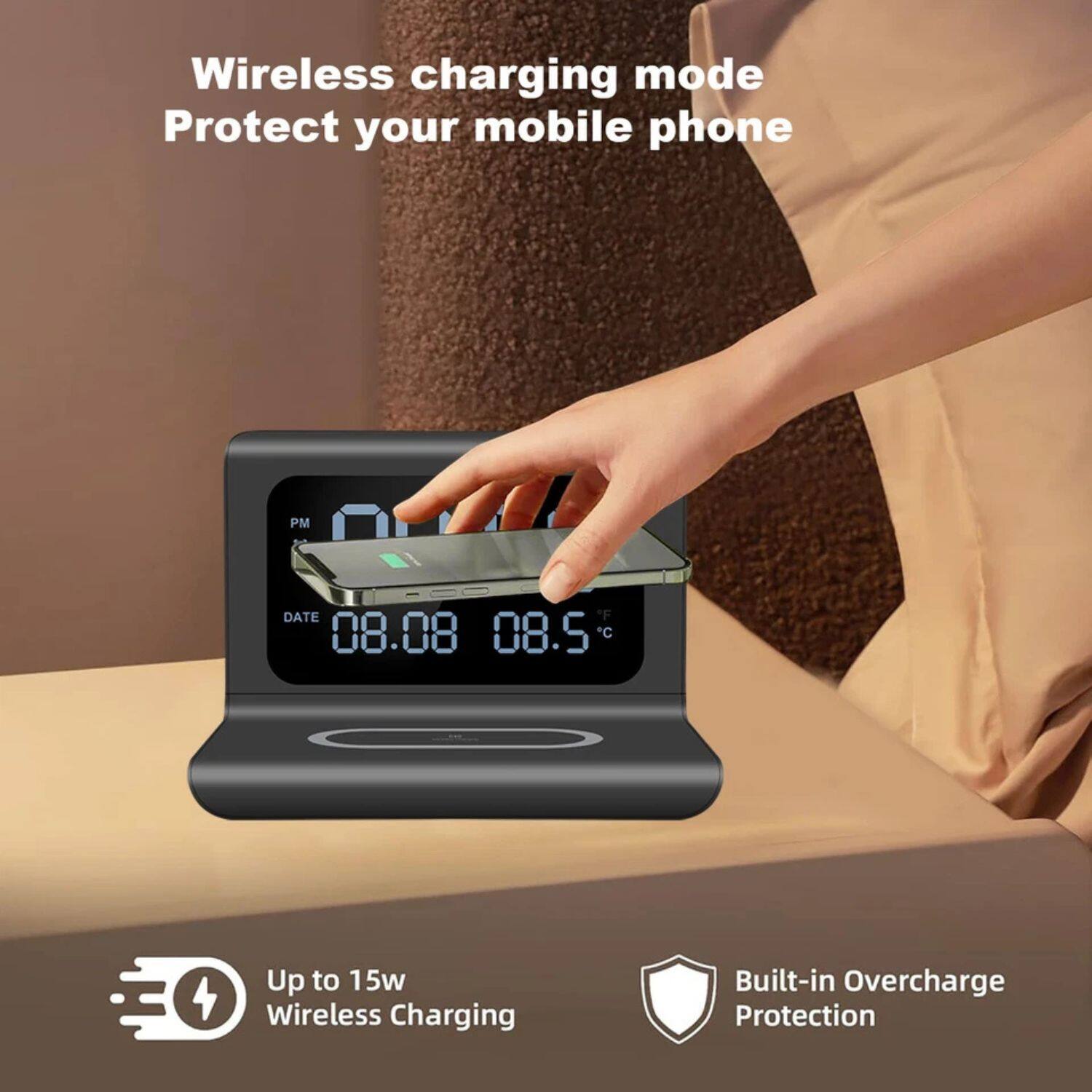 Wireless charging mode  
Protect your mobile phone  

Up to 15W Wireless Charging  
Built-in Overcharge Protection