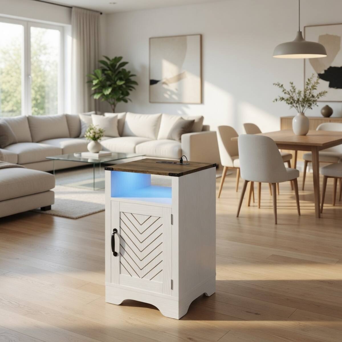 Alt View 4. Loheer - Loheer 16 Inch Nightstand with Charging Station, RGB LED, White and Rustic Oak - White and Rustic Oak.
