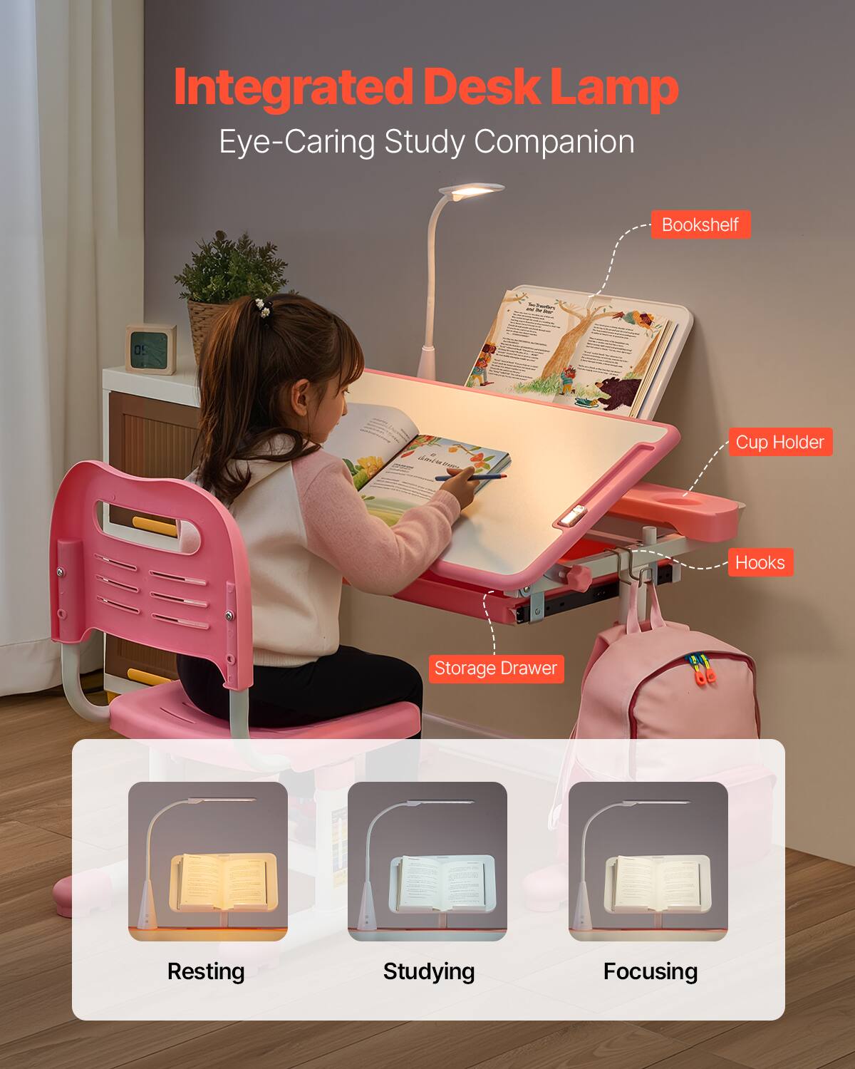Integrated Desk Lamp  
Eye-Caring Study Companion  

- Bookshelf  
- Cup Holder  
- Hooks  
- Storage Drawer  

Resting  
Studying  
Focusing