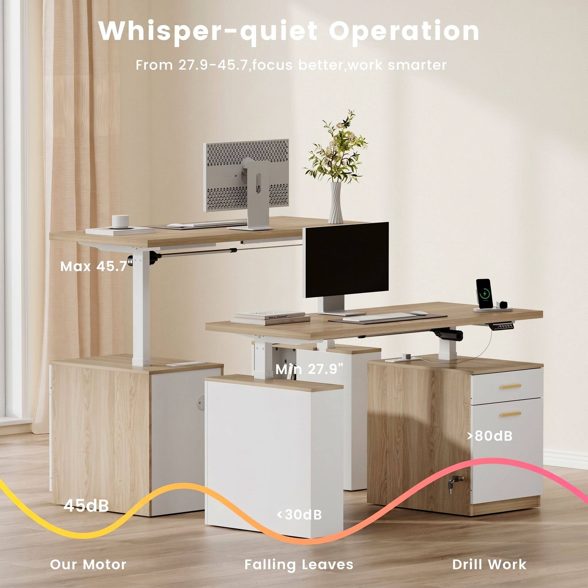 Whisper-quiet Operation  
From 27.9-45.7, focus better, work smarter  

Max 45.7"  
Min 27.9"  

>80dB  
45dB  
<30dB  

Our Motor  
Falling Leaves  
Drill Work
