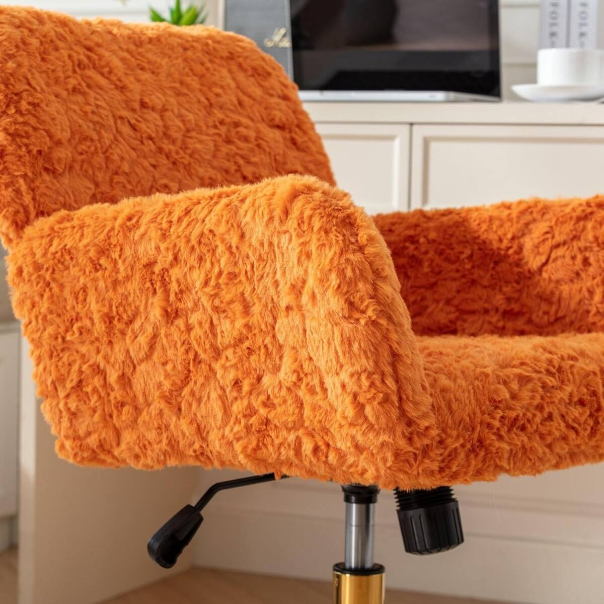 Alt View 2. HTUTWOO - Faux Fur Desk Chair - Comfortable & Adjustable Swivel Office Chair with Wheels and Armrest for Home Office,Vanity - Orange.