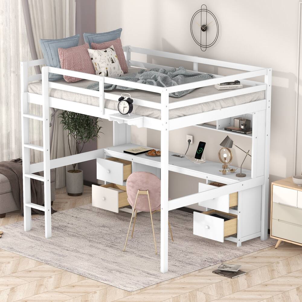 Loheer Full Size Loft Bed with Desk and Storage Wood Loft Bed with ...