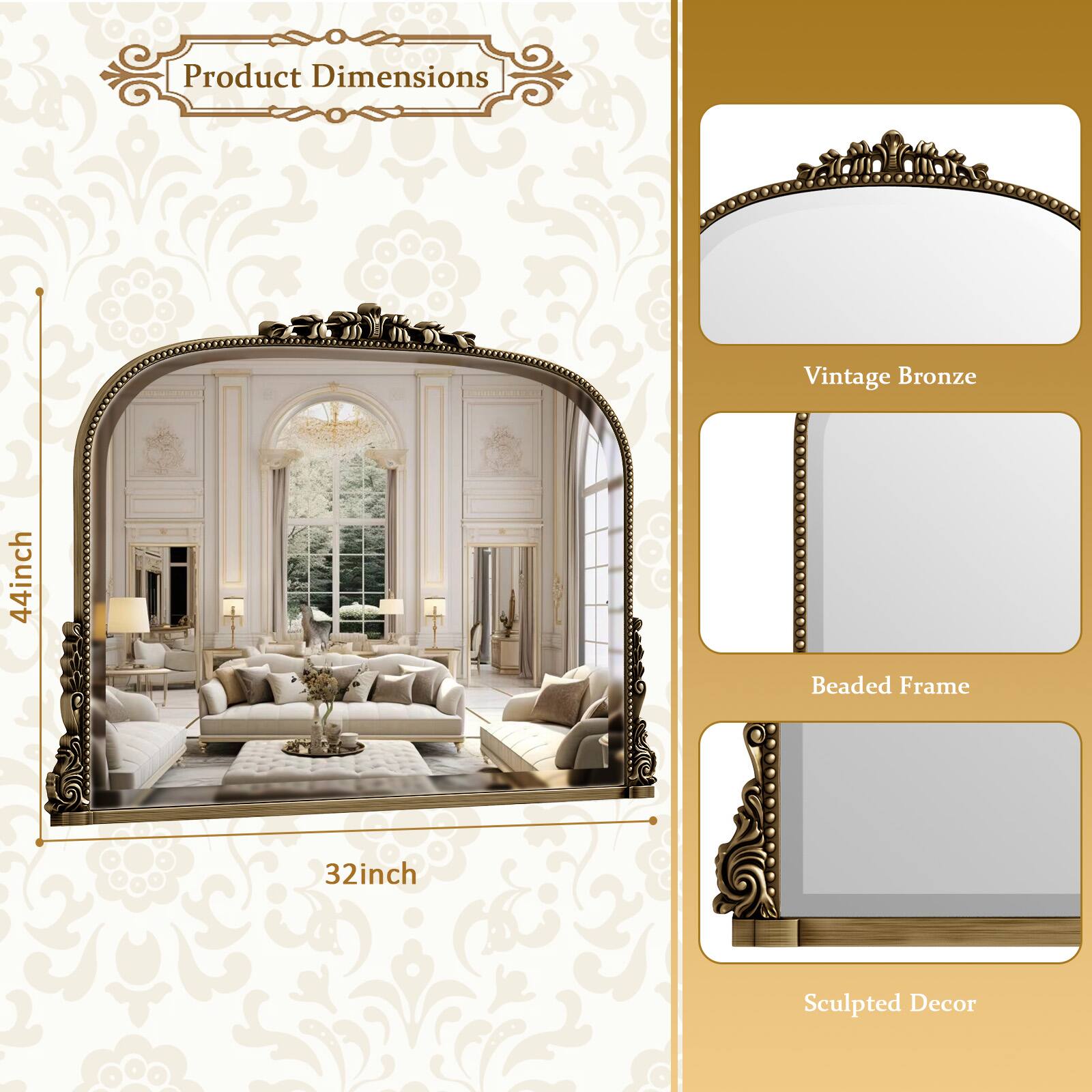 Product Dimensions: Vintage Bronze, 44inch Beaded Frame, 32inch Sculpted Decor