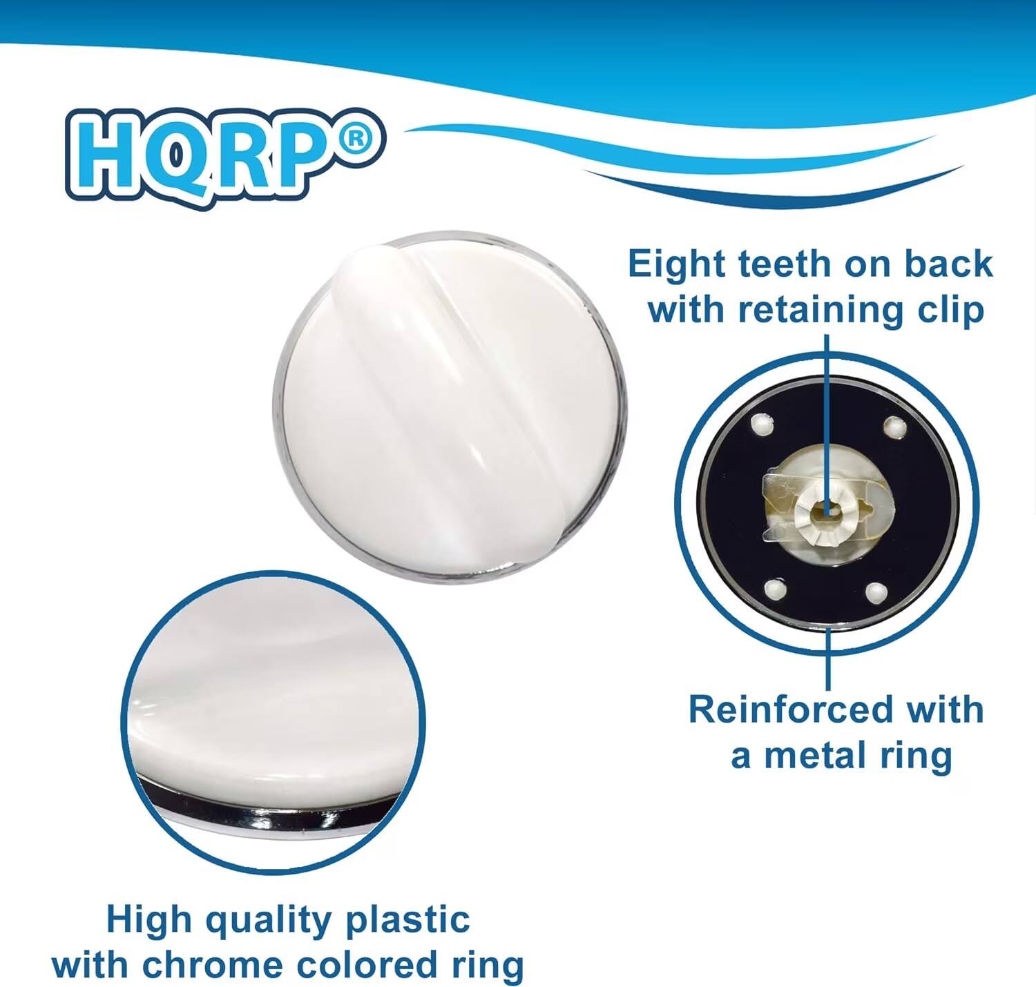 HQRP®

- Eight teeth on back with retaining clip
- Reinforced with a metal ring
- High quality plastic with chrome colored ring
