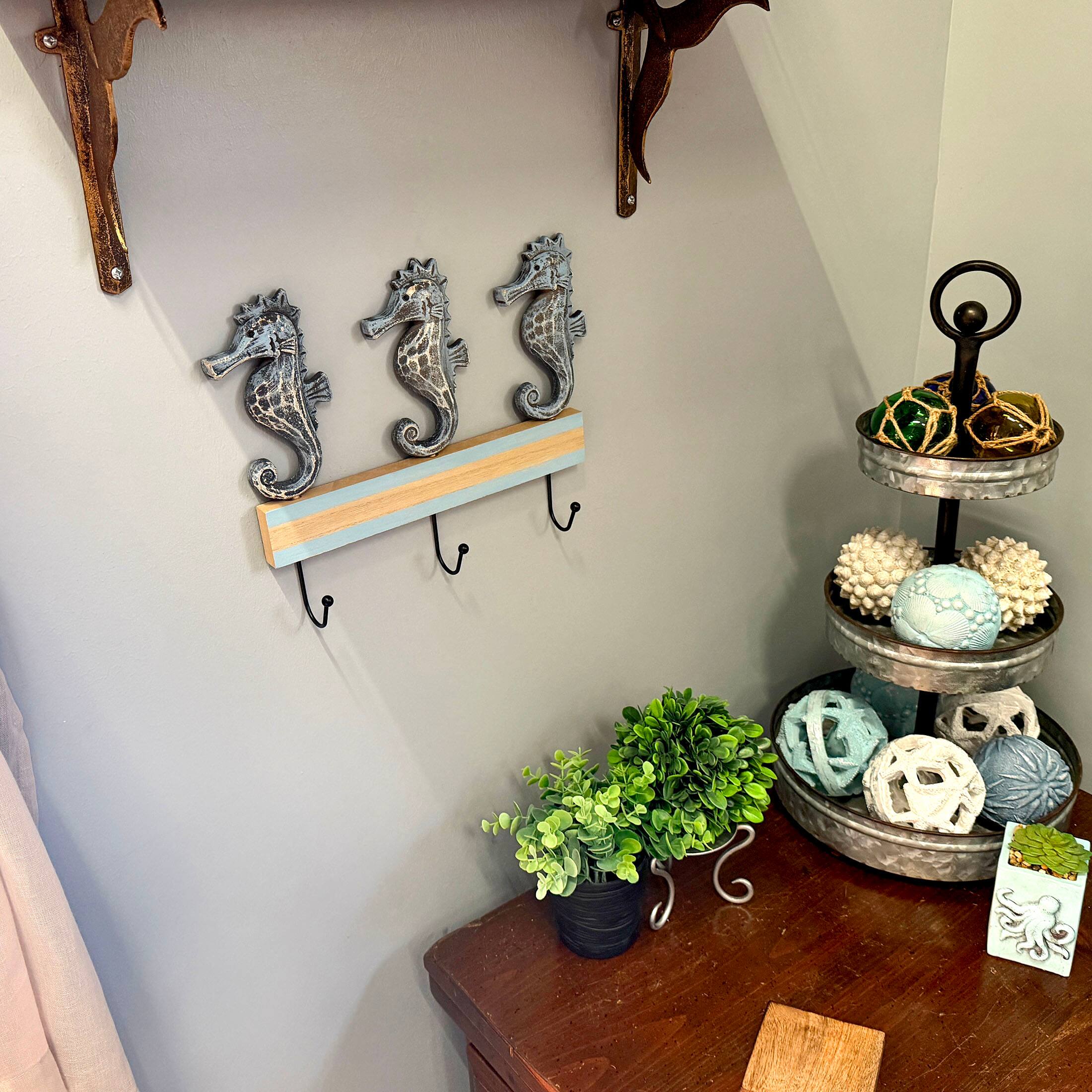 Alt View 3. Things2Die4 - Things2die4 Blue Distressed Seahorse Decorative Wall Hooks Rack, 11 Inch - Blue.