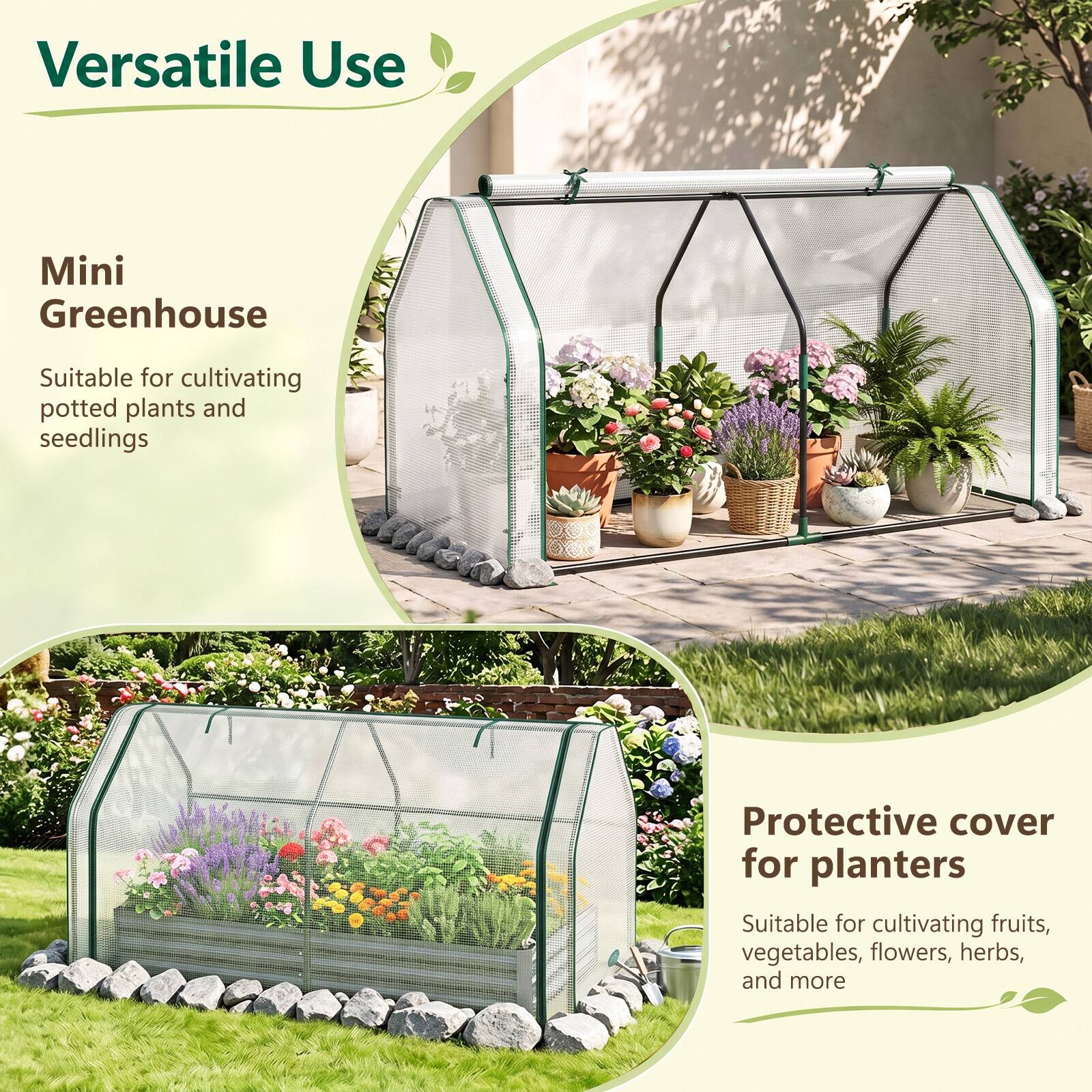 Versatile Use

Mini Greenhouse
Suitable for cultivating potted plants and seedlings

Protective cover for planters
Suitable for cultivating fruits, vegetables, flowers, herbs, and more