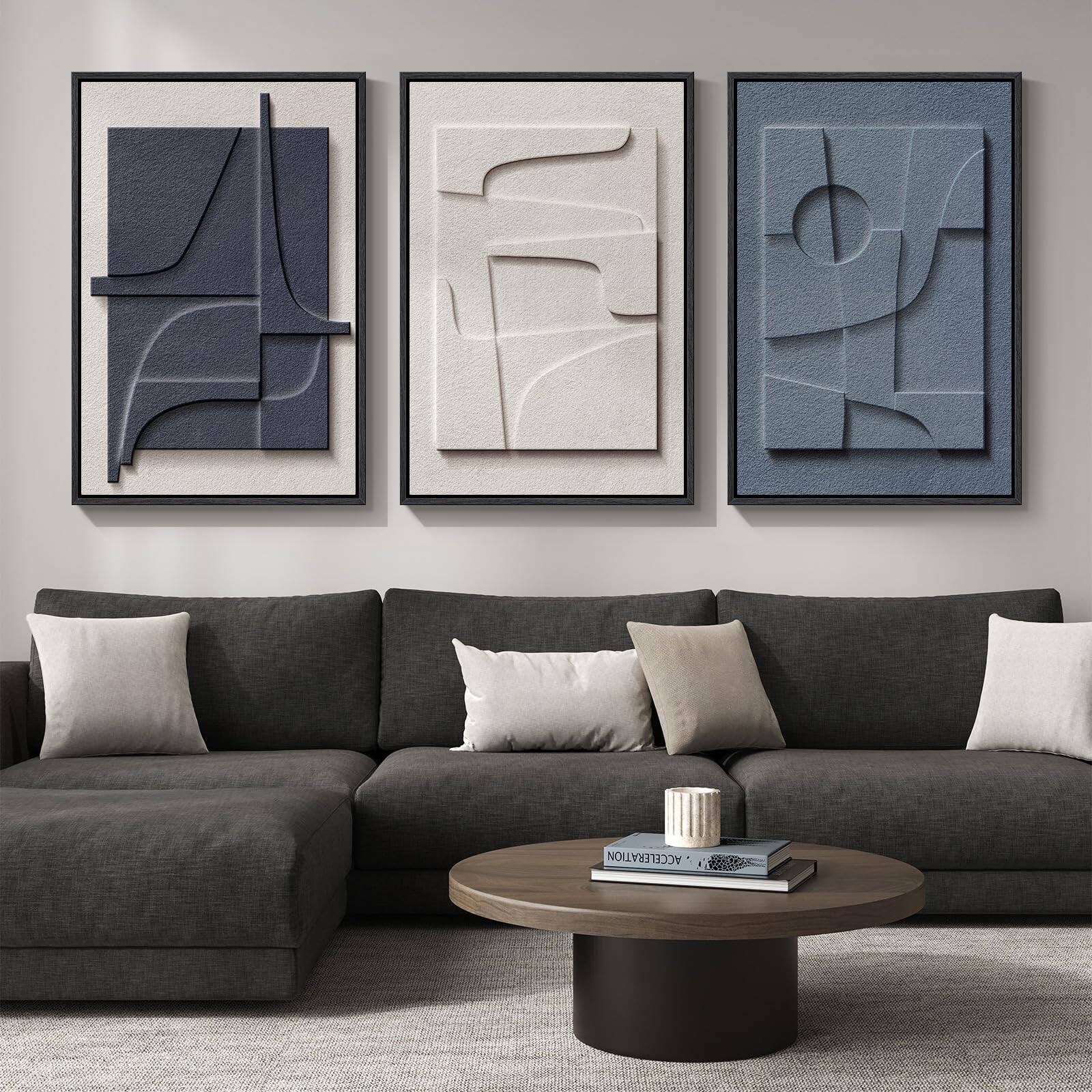 Left. Fabibe - 3D Textured Framed Blue and White Abstract Wall Art for Living Room, 3 Piece Modern Artwork for Walls, Minimalist Navy B - Black White 20" W x 30" H x 3Pcs.