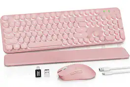 PRIMEPLUS - Wireless Keyboard & Mouse, Round Keycaps, Magnetic Wrist Rest, Retro Typewriter, 2.4G, Auto Sleep, Purple, Mac/Windows - Glowing Pink