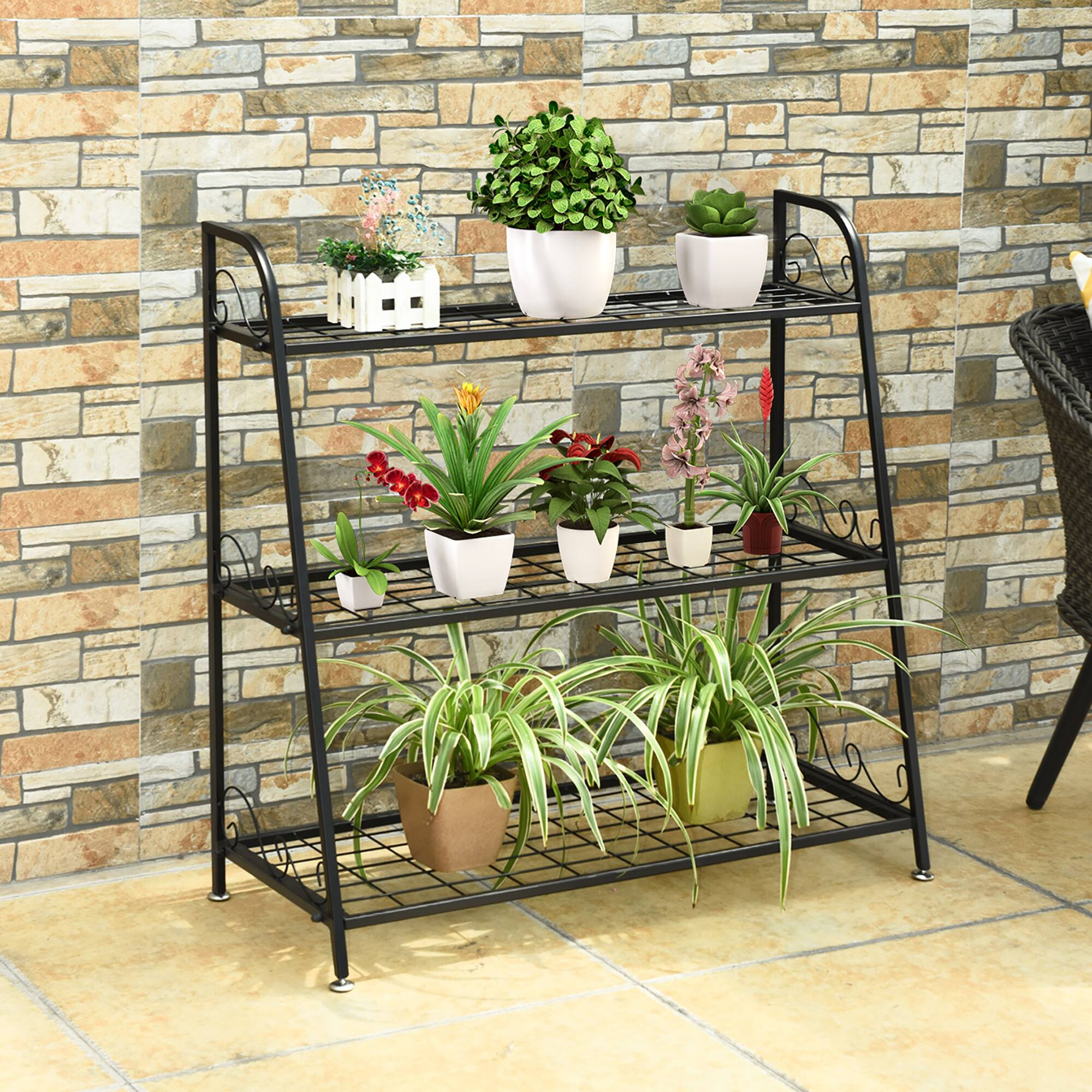 Alt View 3. Costway - 3-tier Metal Plant Stand Shelf Flower Pot Holder Display Rack Shoe Organizer - Black.