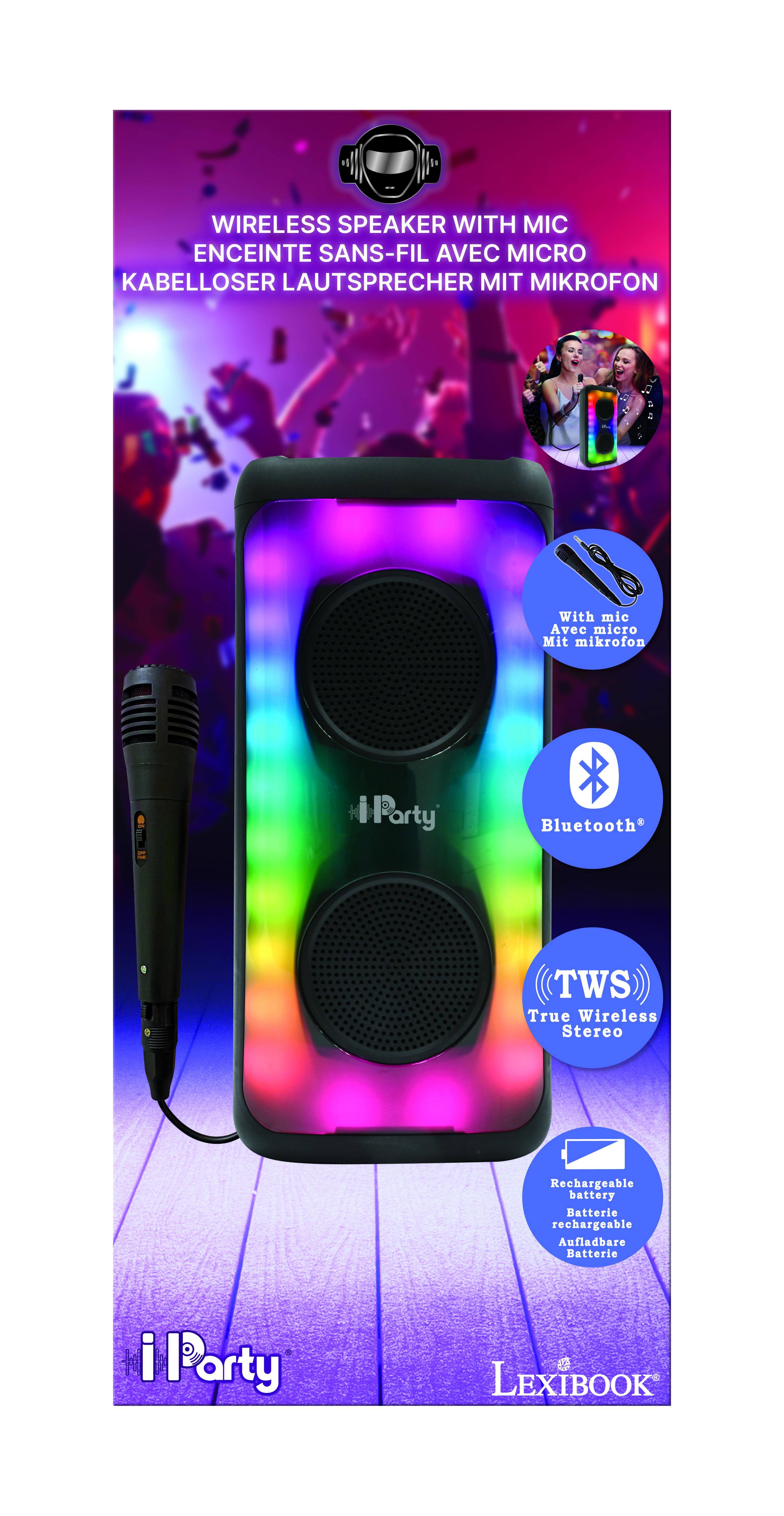 WIRELESS SPEAKER WITH MIC  
ENCEINTE SANS-FIL AVEC MICRO  
KABELLOSER LAUTSPRECHER MIT MIKROFON  

With mic  
Avec micro  
Mit mikrofon  

Party Bluetooth  
TWS True Wireless Stereo  
Rechargeable battery  
Batterie rechargeable  
Aufladbare Batterie  

i Party  
LEXIBOOK