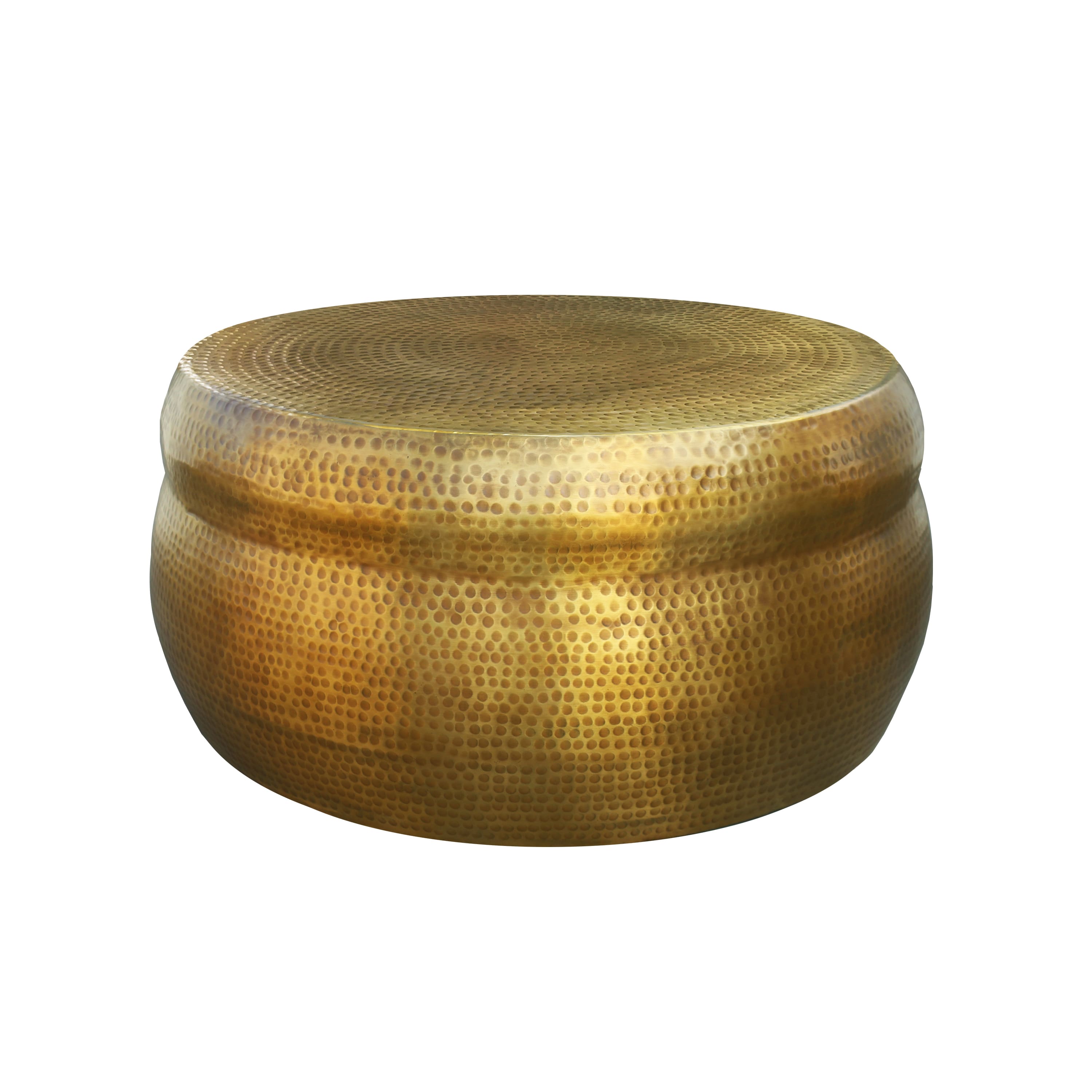 Manhattan Lane - 32 Inch Artisanal Round Drum Coffee Table, Hammered Embossed Texturing, Aluminum - Brass
