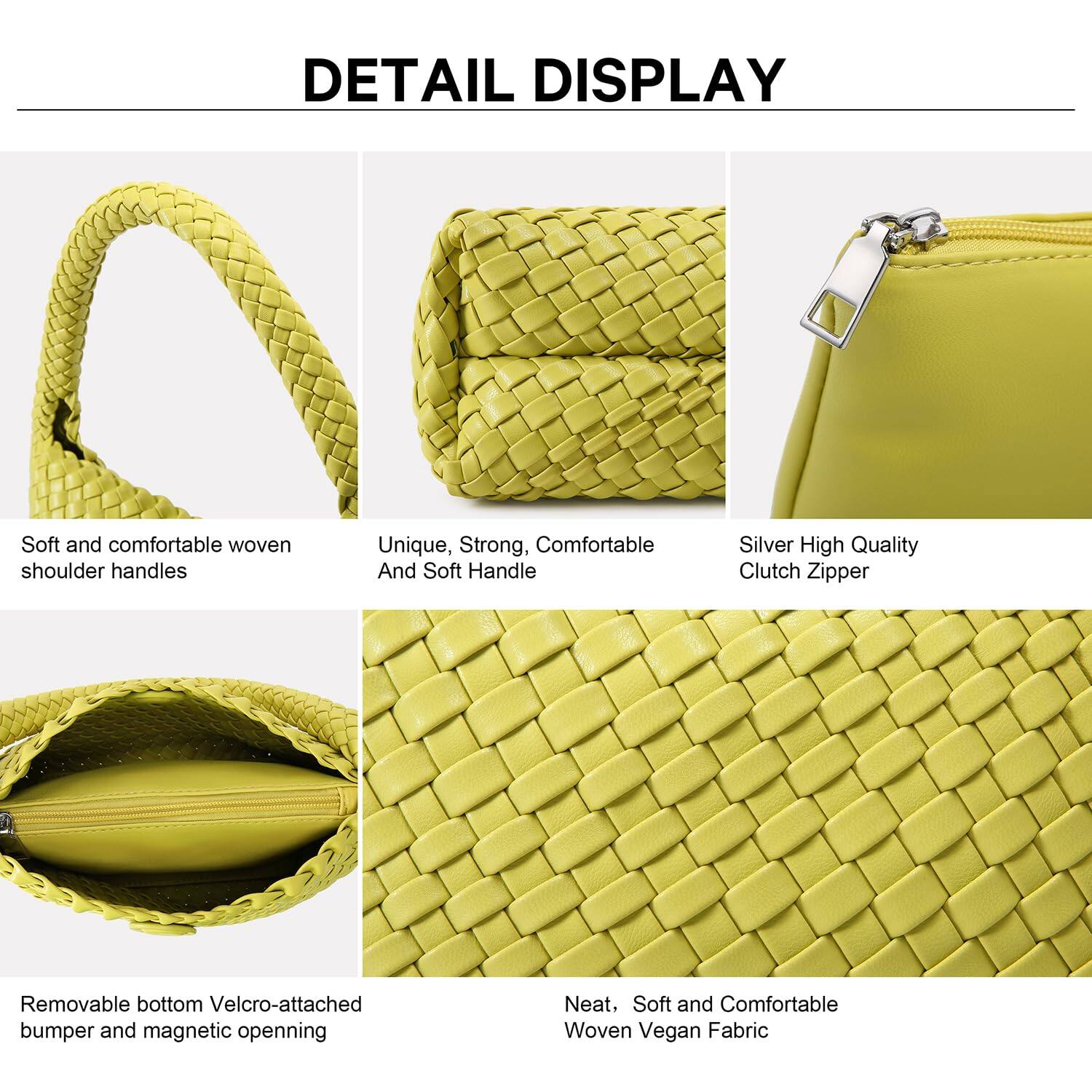 DETAIL DISPLAY

- Soft and comfortable woven shoulder handles
- Unique, Strong, Comfortable And Soft Handle
- Silver High Quality Clutch Zipper
- Removable bottom Velcro-attached bumper and magnetic opening
- Neat, Soft and Comfortable Woven Vegan Fabric