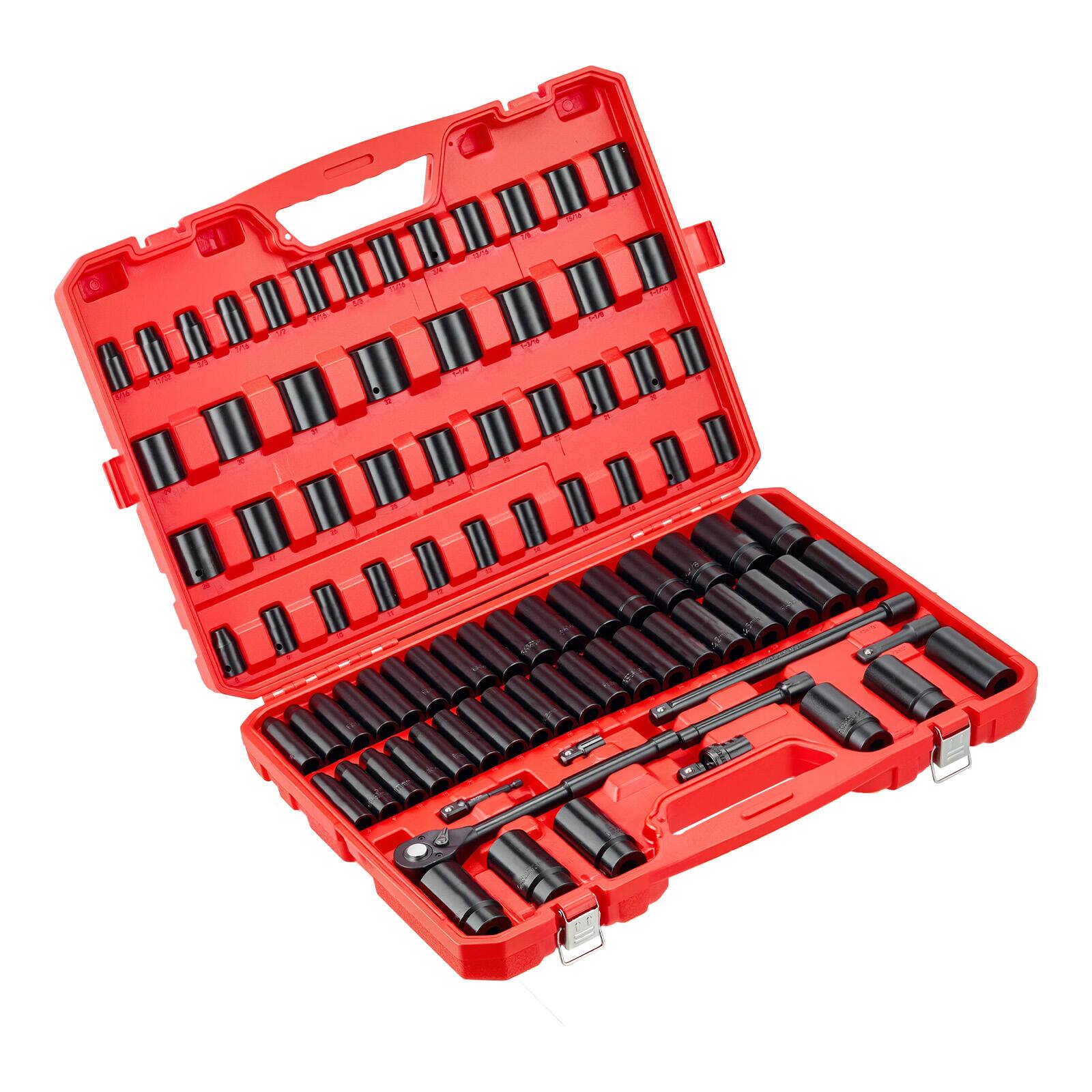 Alt View 4. LOVMOR - 3 8 Drive Impact Socket Set 96 Piece 6 Point Deep Shallow Sockets SAE Metric with Extension Bars Steel Carrying Case.