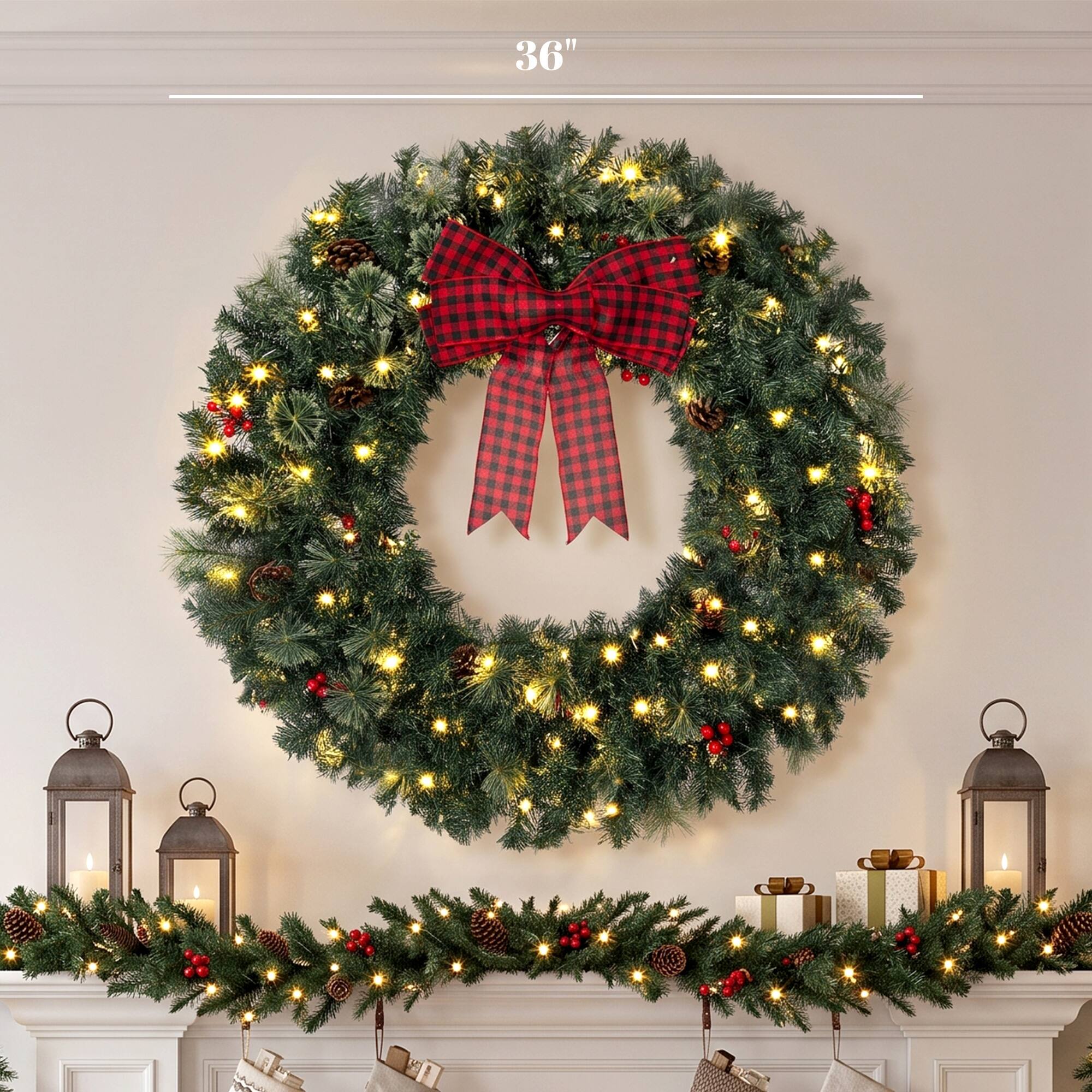 Alt View 2. Homcom - Prelit Crestwood Spruce Artificial Christmas Wreath, Christmas Decor with Bow, 8 Modes - Green.
