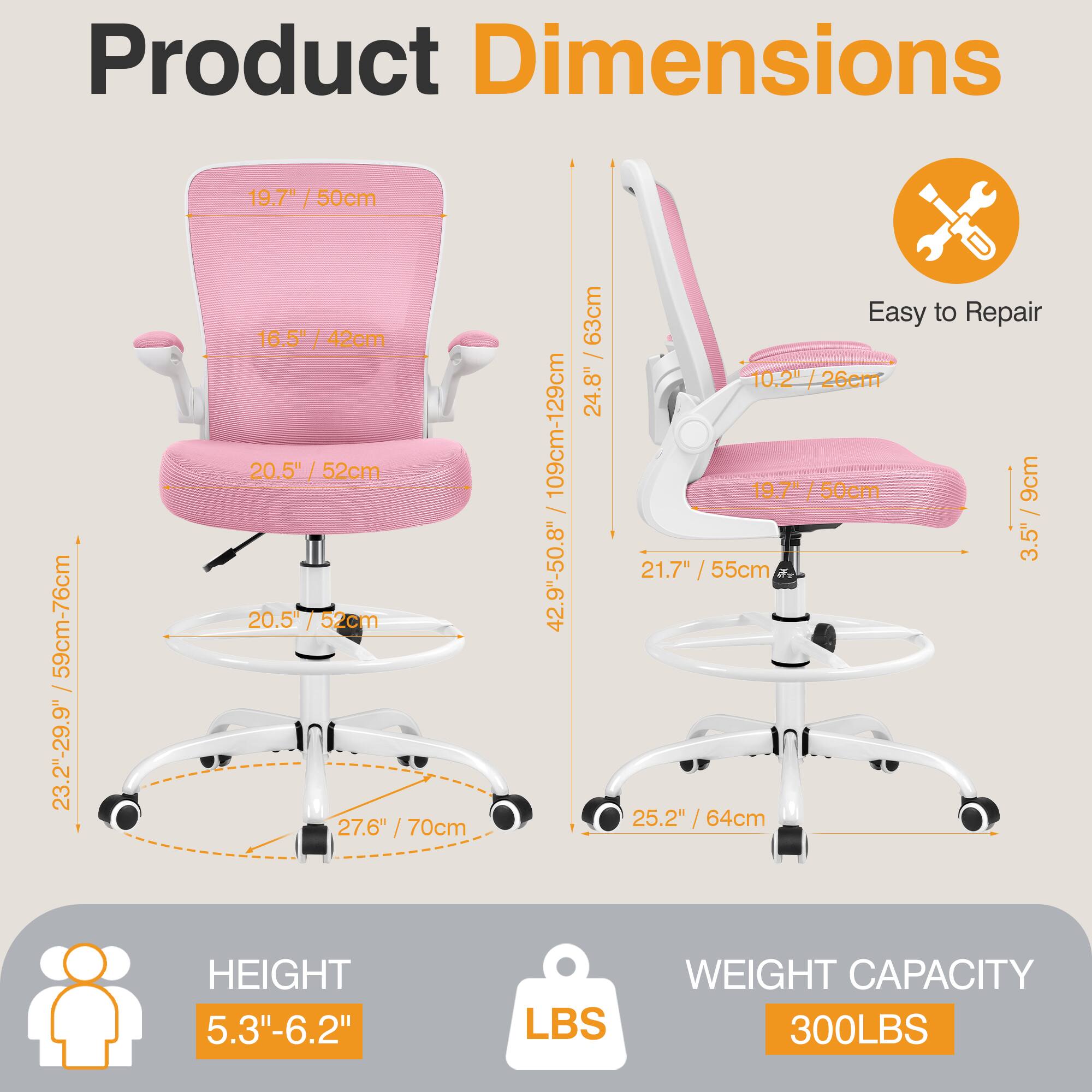 Product Dimensions

- Seat Height: 19.7" / 50cm
- Seat Depth: 20.5" / 52cm
- Back Height: 16.5" / 42cm
- Armrest Height: 10.2" / 26cm
- Overall Height: 24.8" / 63cm
- Overall Width: 23.2" / 59cm-76cm
- Overall Depth: 27.6" / 70cm
- Base Diameter: 20.5" / 52cm
- Height Adjustment: 5.3"-6.2"
- Weight Capacity: 300LBS

Easy to Repair