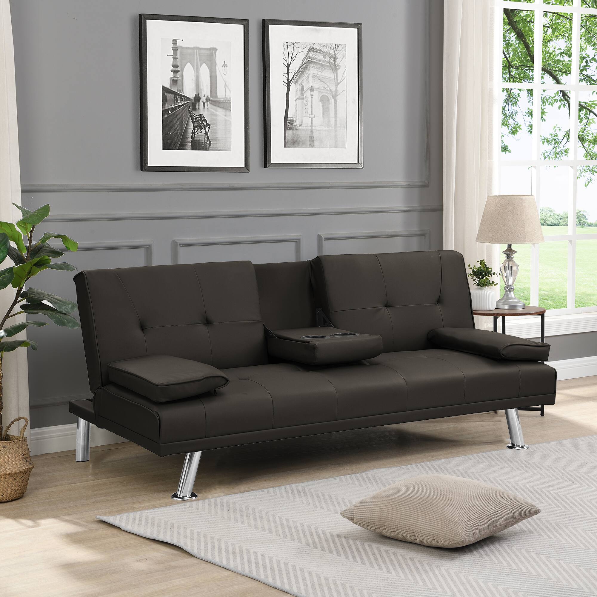 Angle. Tiramisubest - Modern Sofa Bed with Armrest Two Holders, PVC Upholstery, Wood Frame, Stainless Steel Legs, Dark Brown - Dark Brown.