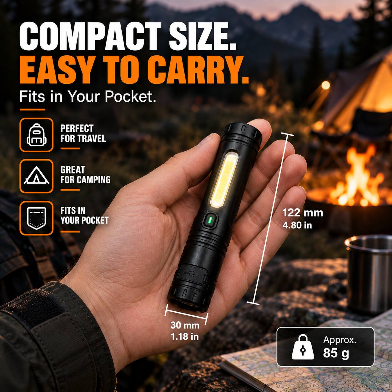 COMPACT SIZE. EASY TO CARRY. Fits in Your Pocket.

PERFECT FOR TRAVEL
GREAT FOR CAMPING
FITS IN YOUR POCKET

122 mm 4.80 in
30 mm 1.18 in
Approx. 85 g