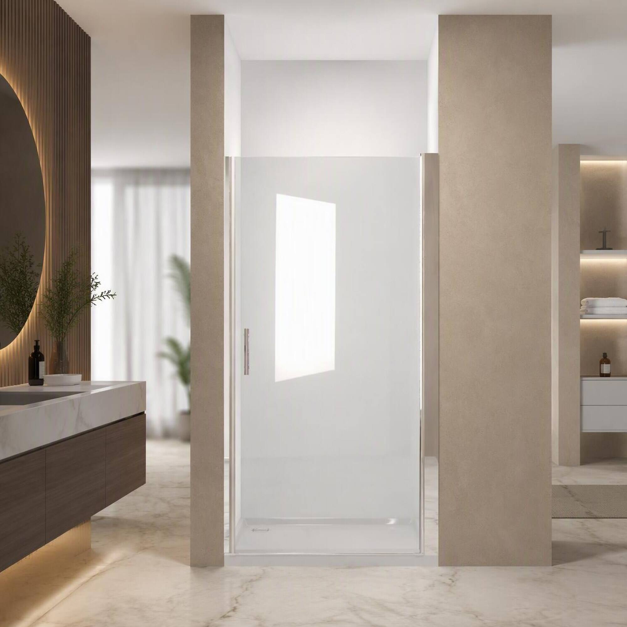 Front. RYHNUYNE - 37-36" X 72" Pivot Shower Door With 1/4" Tempered Glass, Chrome Frame And Safety Film - Chrome.